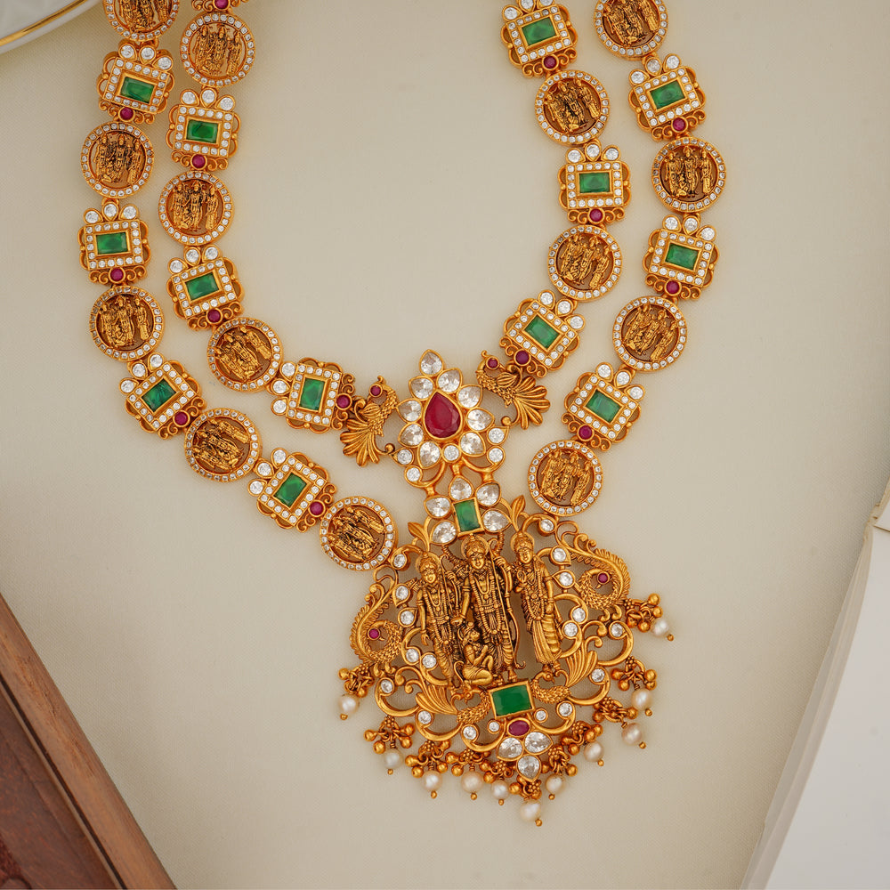 Bridal gold haram featuring Ram, Sita, Lakshmana and Hanuman pendant