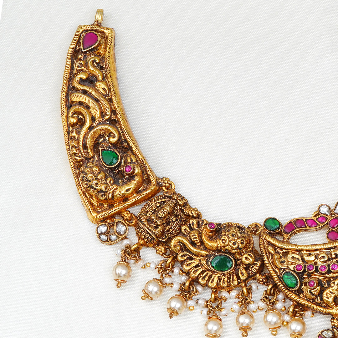 Bridal silver necklace with ruby, emerald, and pearl drops