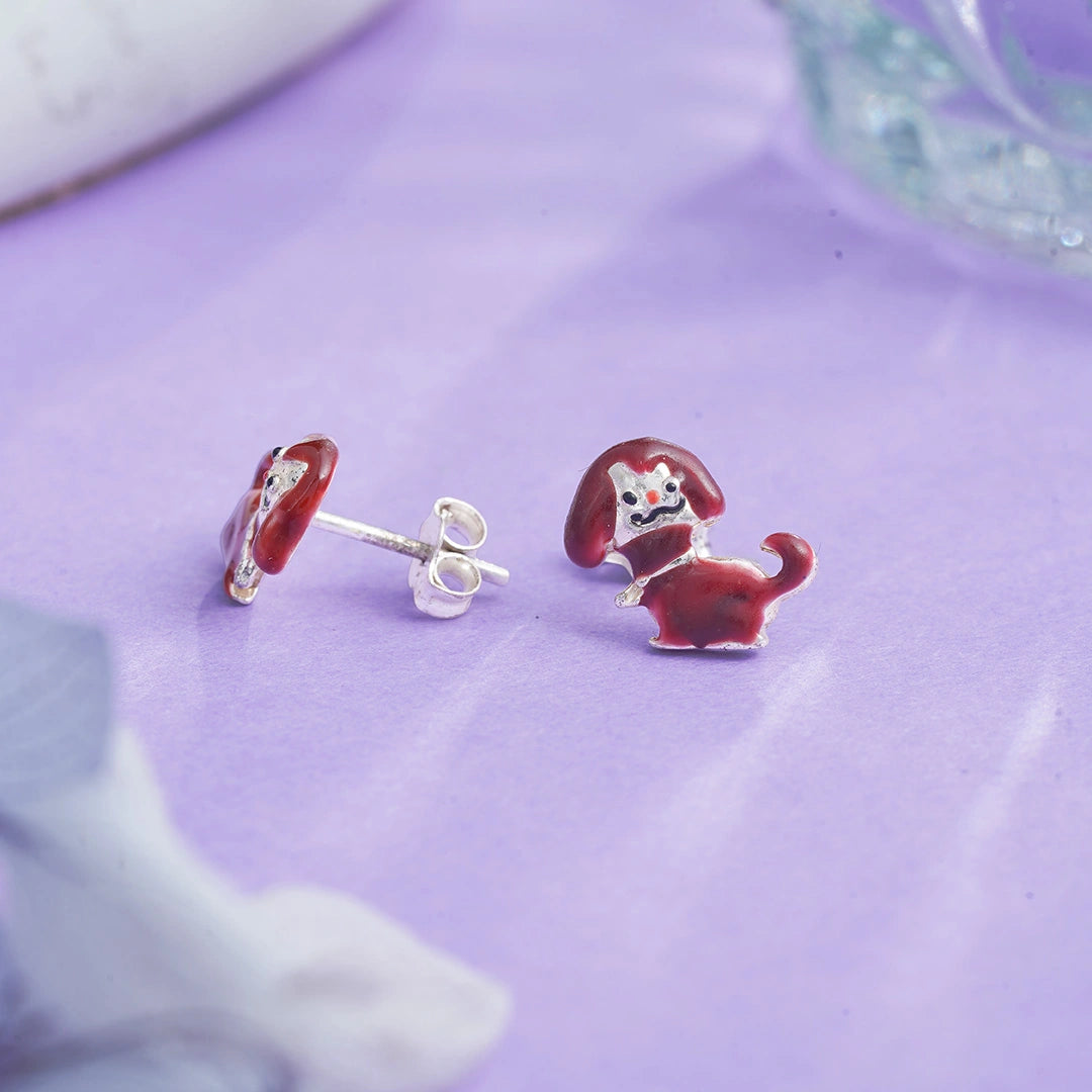 Brown Puppy Stud Earrings in Sterling Silver Ishna