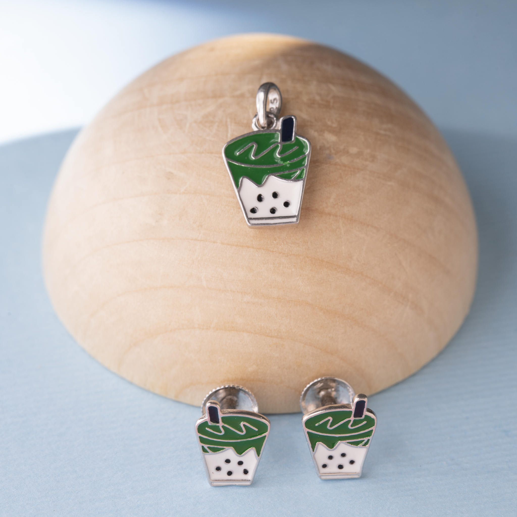 Bubble tea silver pendant and earrings set