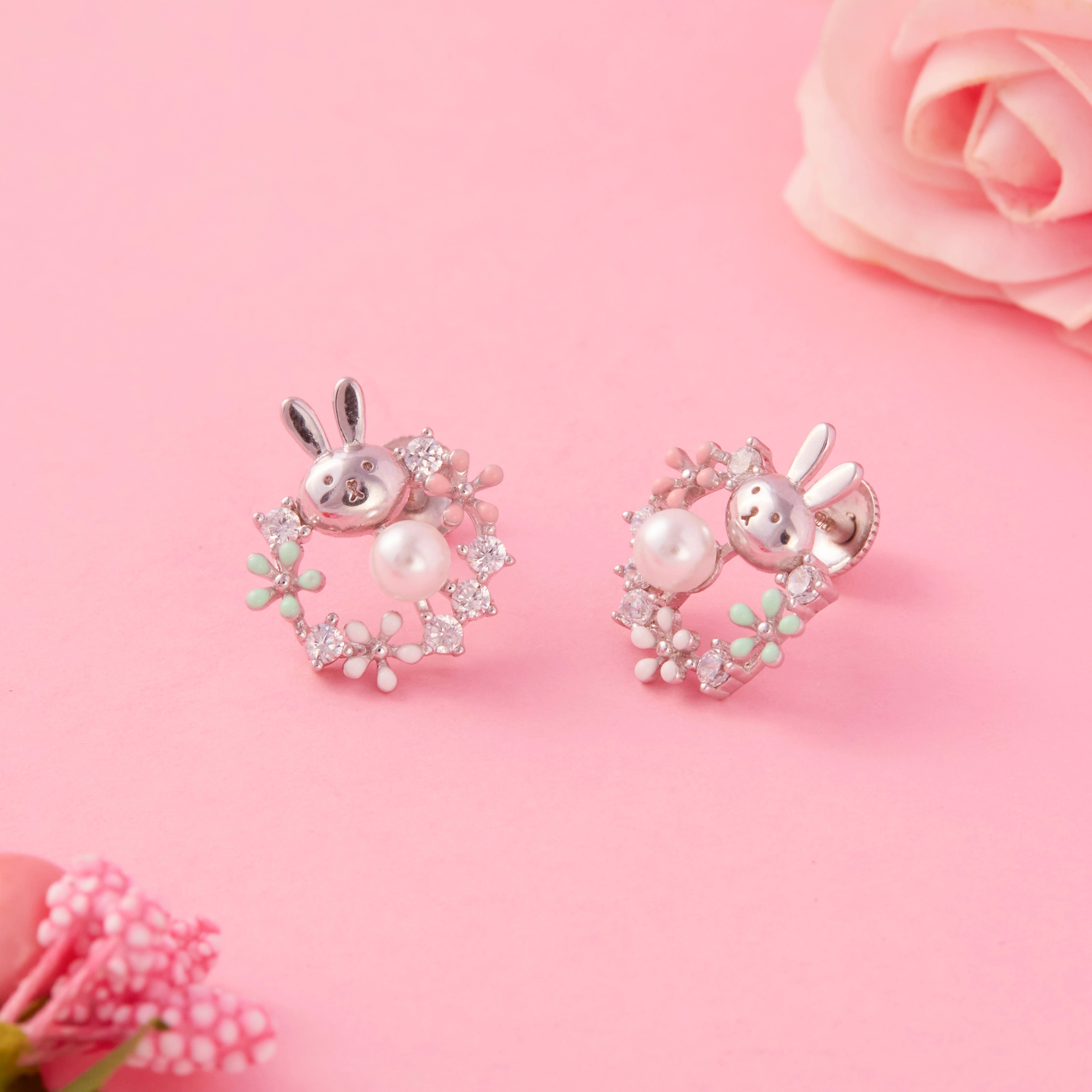Bunny Pearl Floral Stud Earrings Ishna
