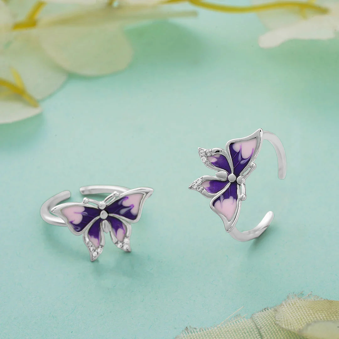 Butterfly design purple stone silver toe ring
