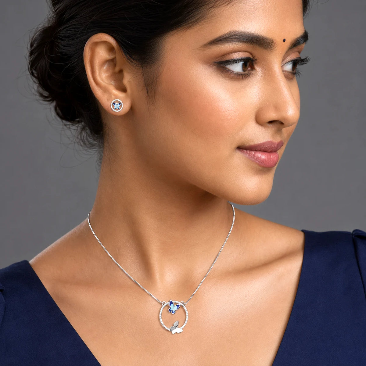 CZ Azure Butterfly 925 silver Pendant Chain Sets