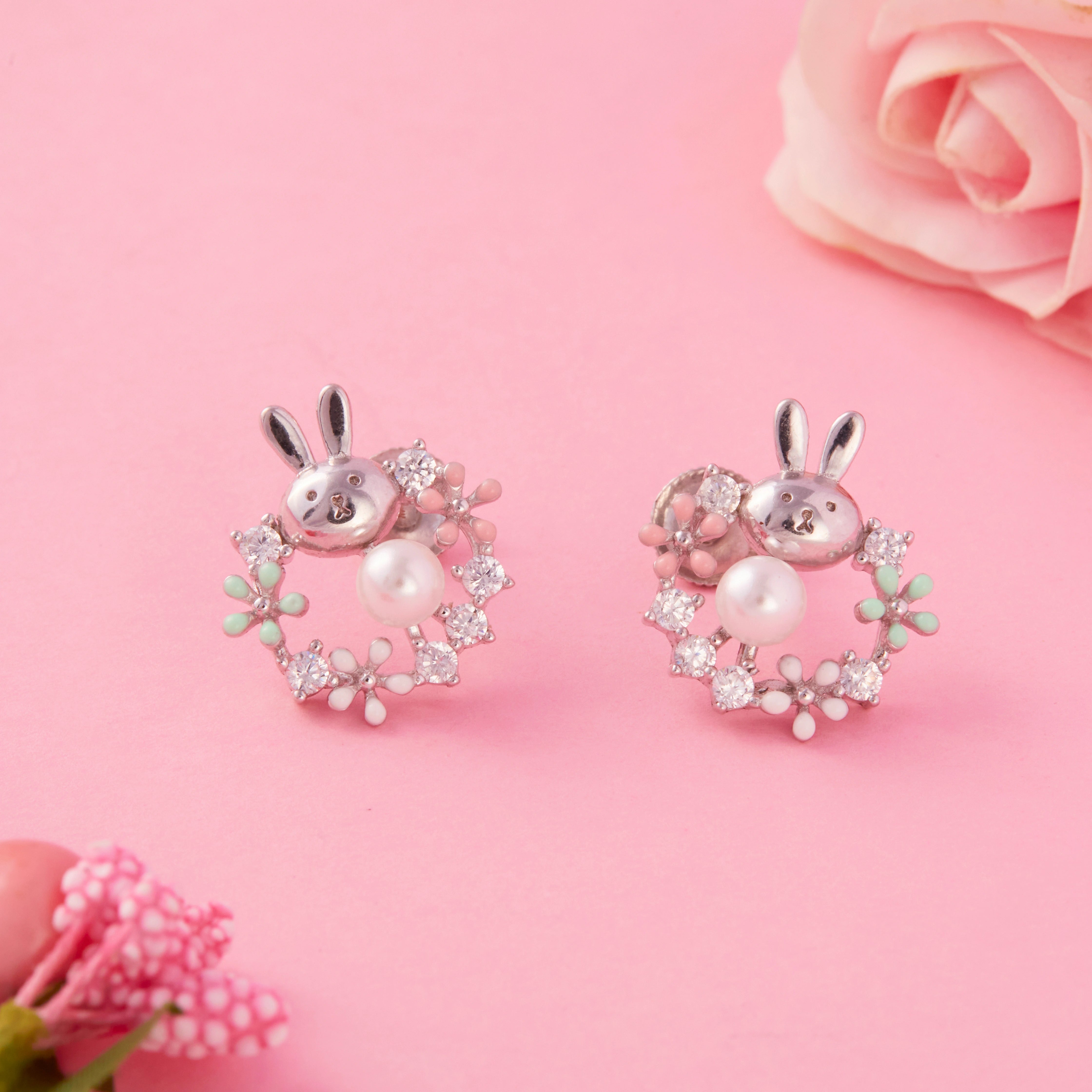 CZ Bunny Motif Pearl Floral Stud Earrings Ishna