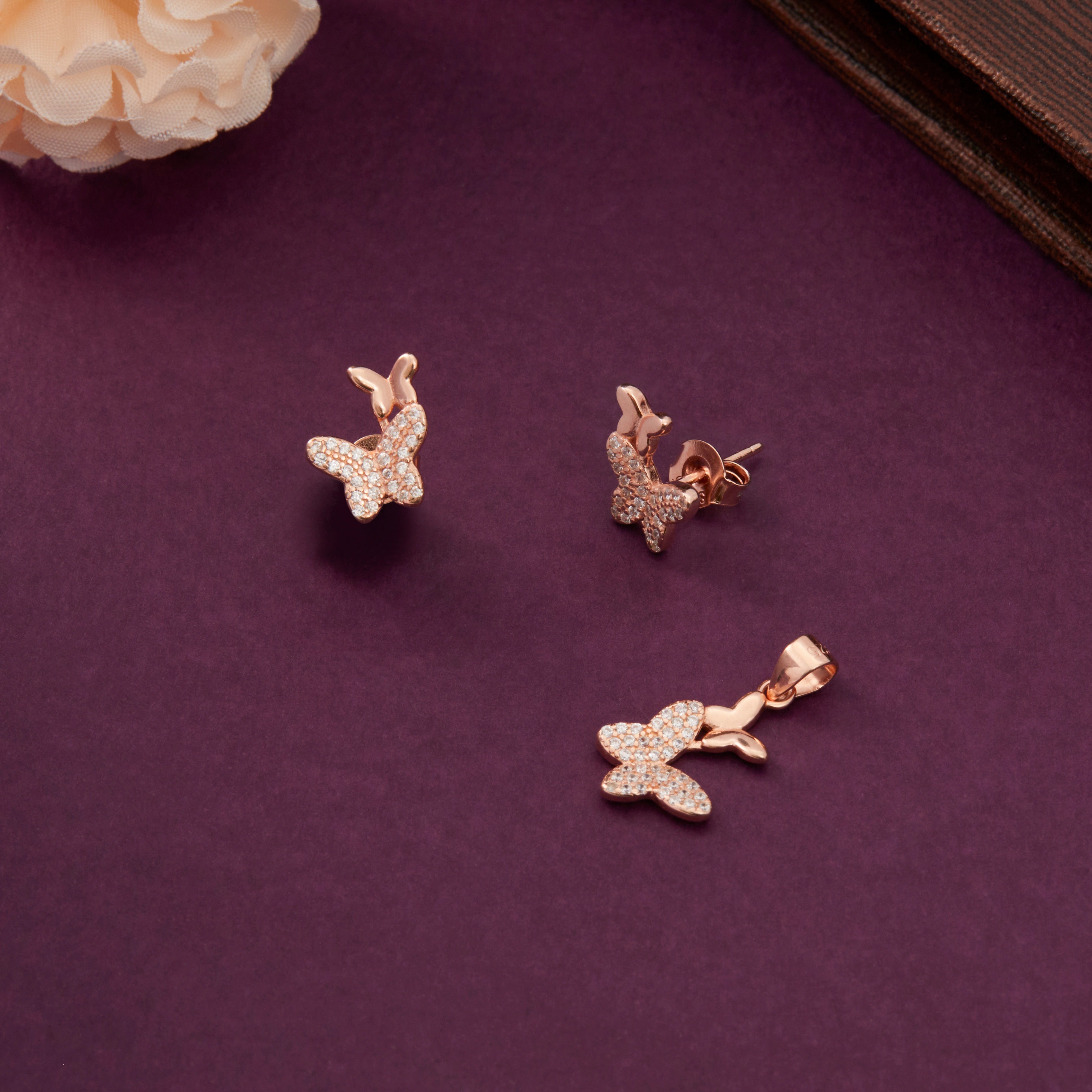 CZ Butterfly Pendant & Stud Earrings Ishna