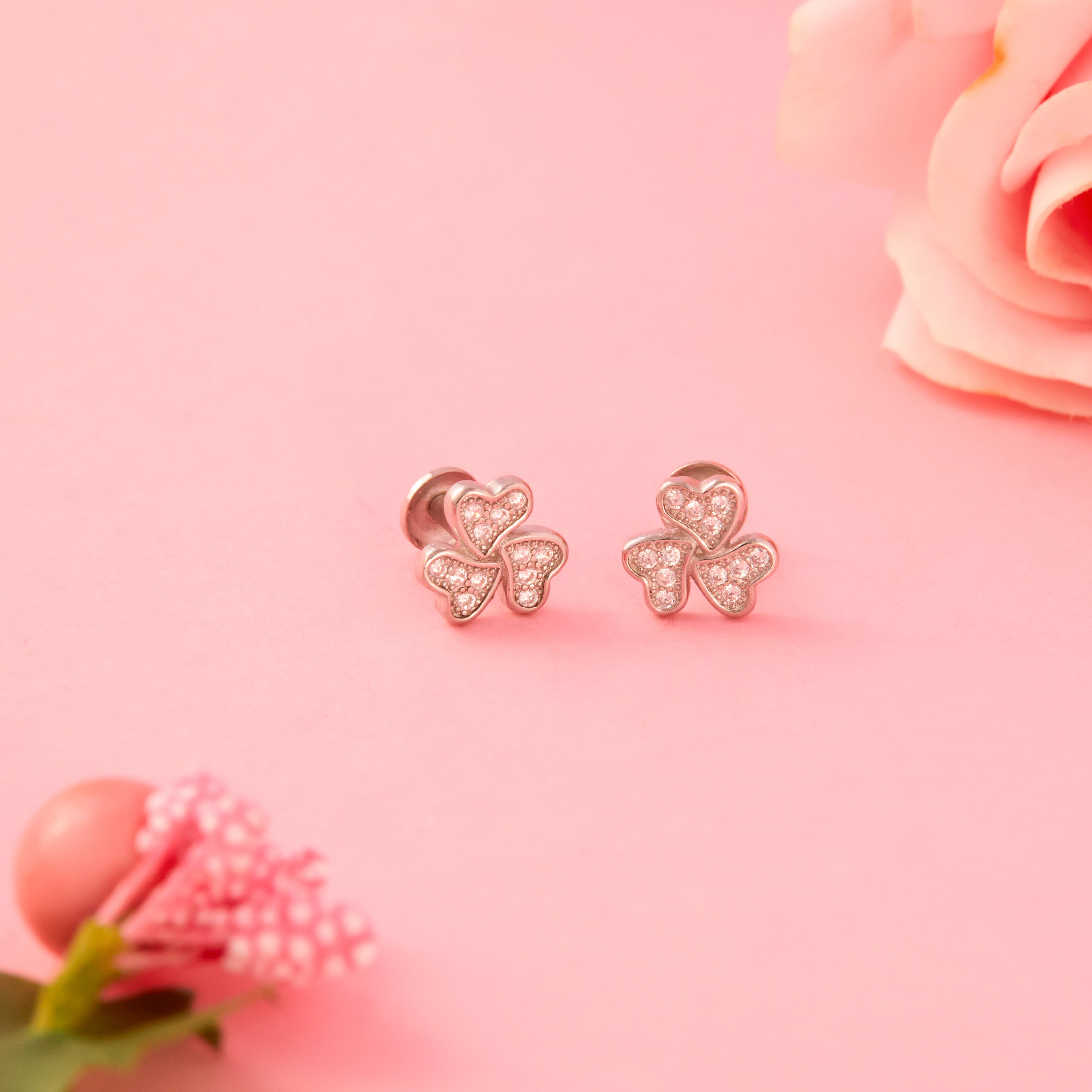 CZ Clover Heart Stud Earrings Ishna