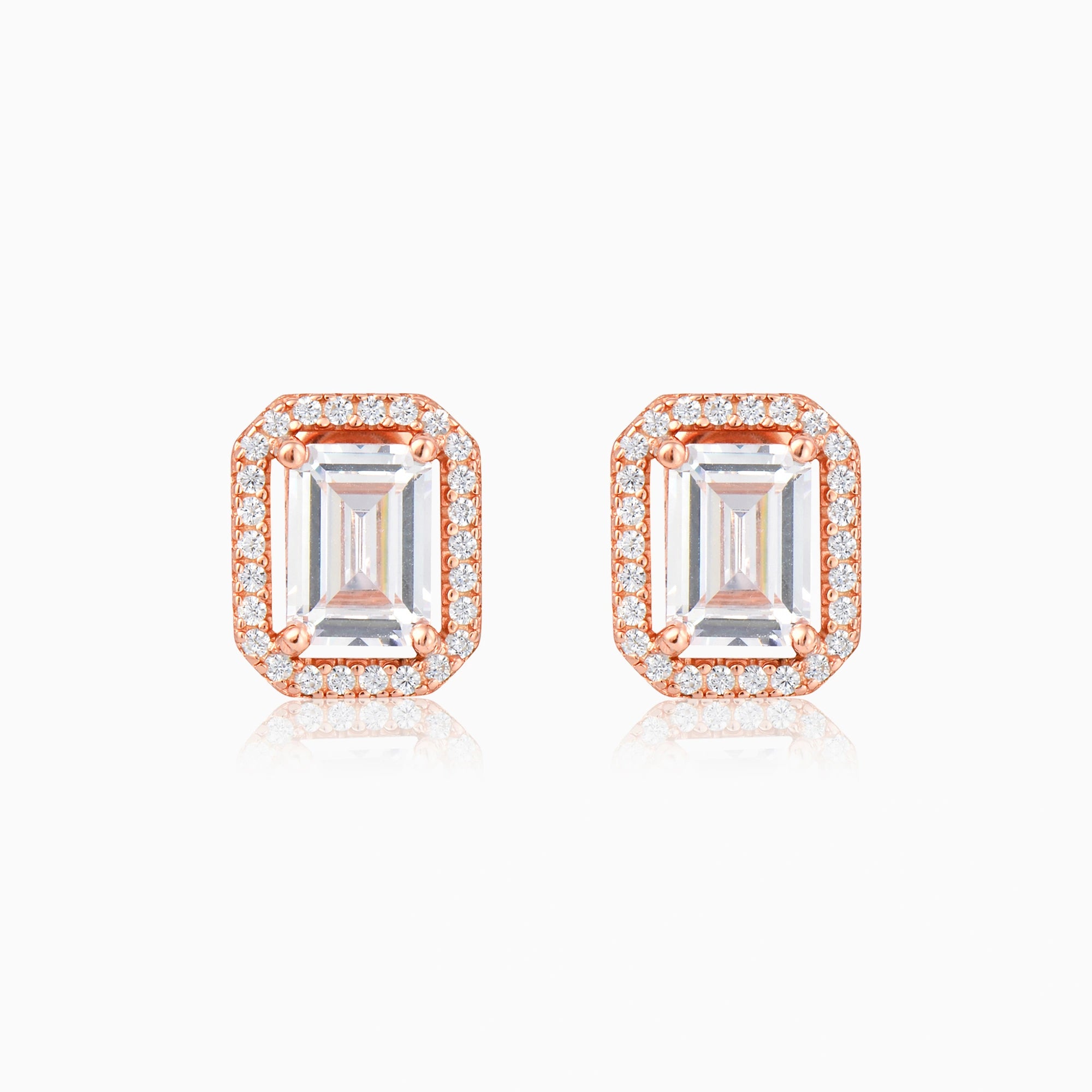 CZ Emerald Cut Halo Stud Earrings Ishna