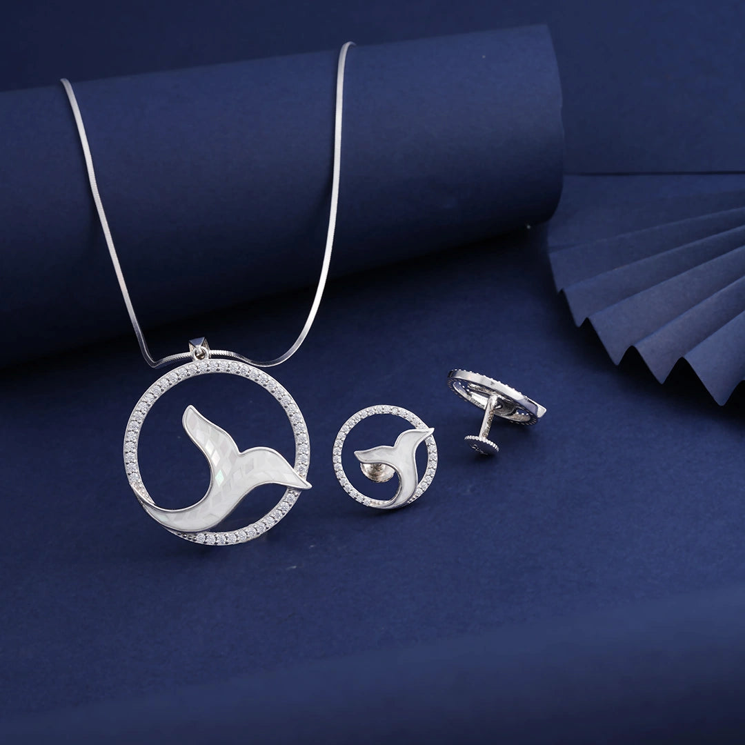 CZ Fish Tail Pendant Chain & Earrings Ishna