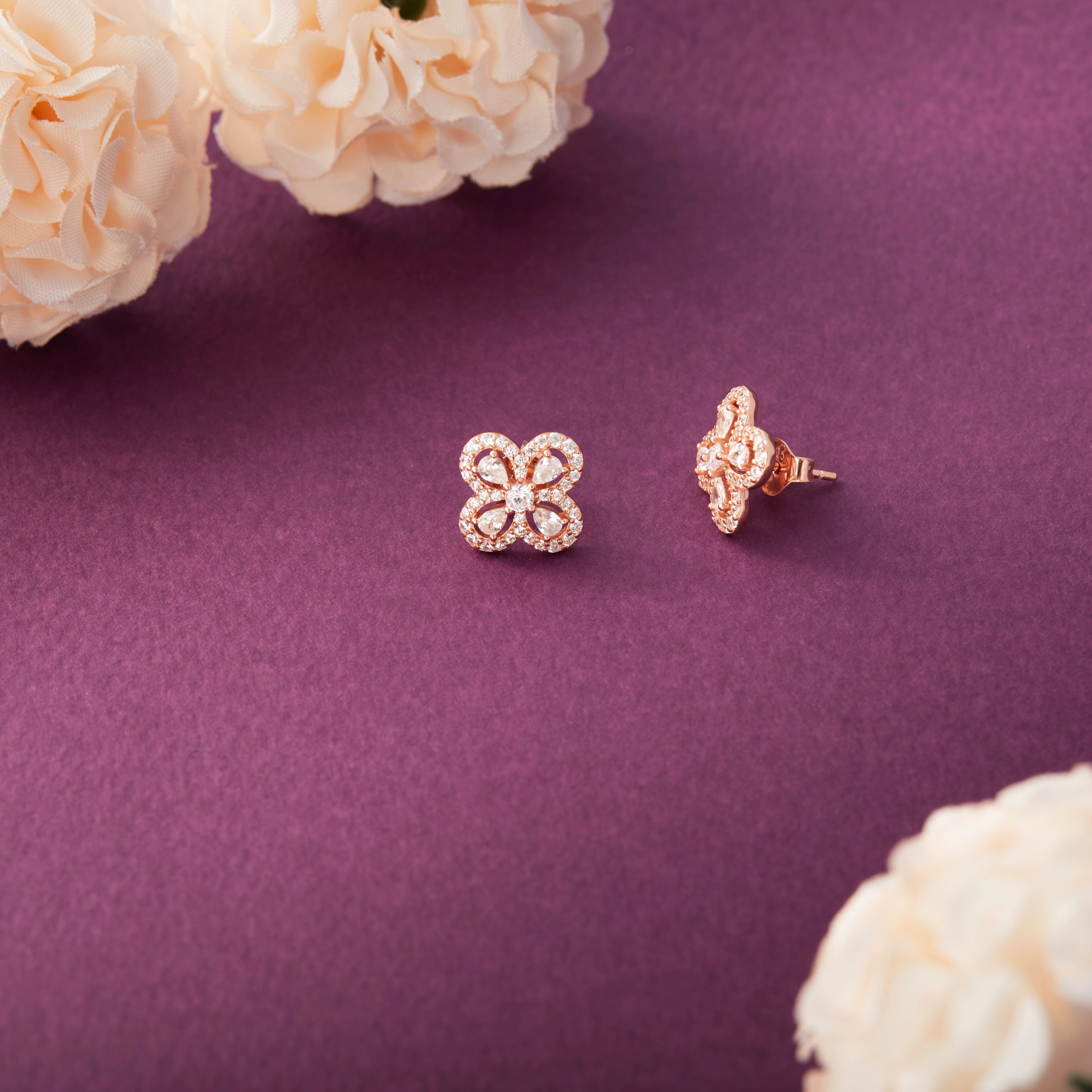 CZ Floral Clover Stud Earrings Ishna