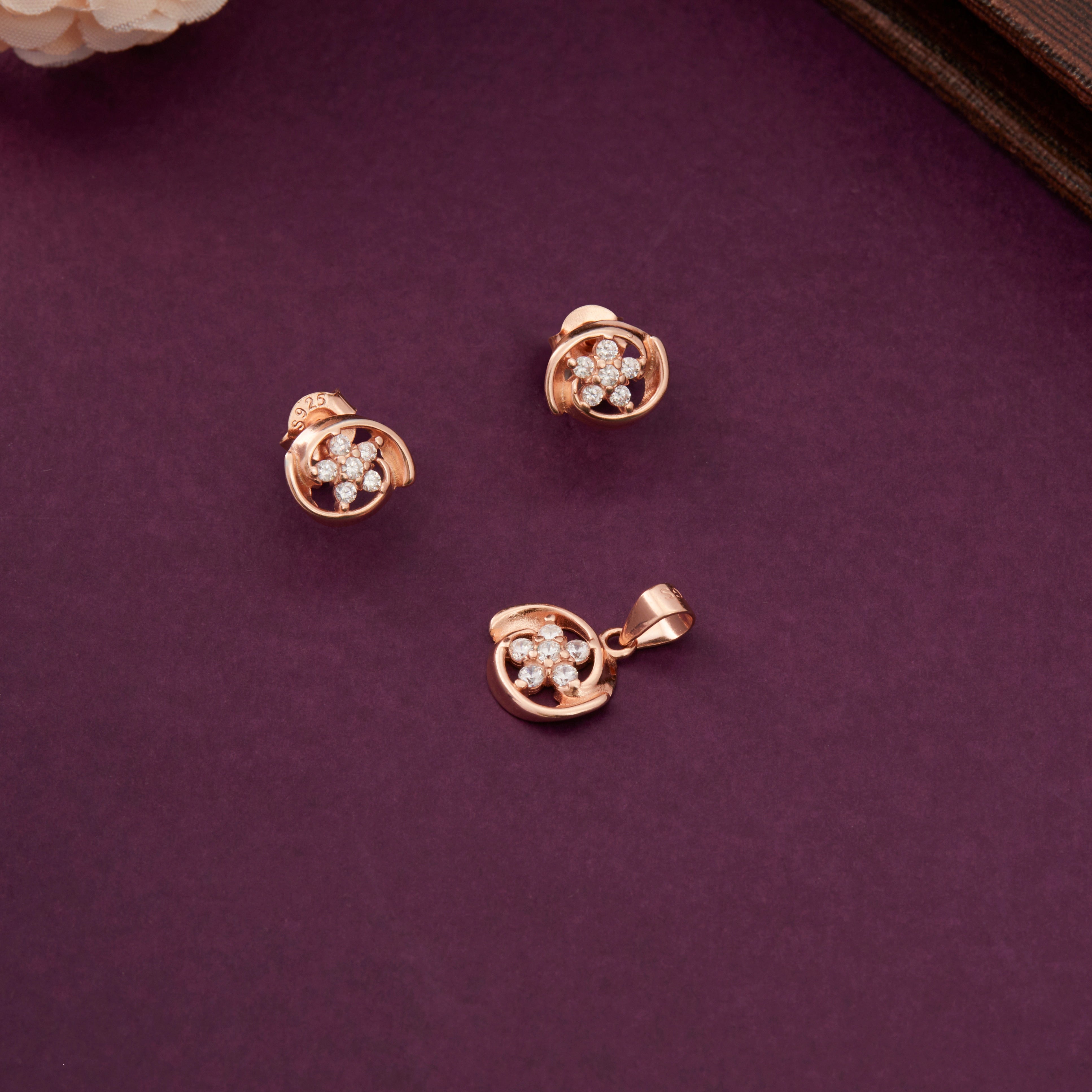 CZ Floral Motif Pendant & Stud Earrings Ishna