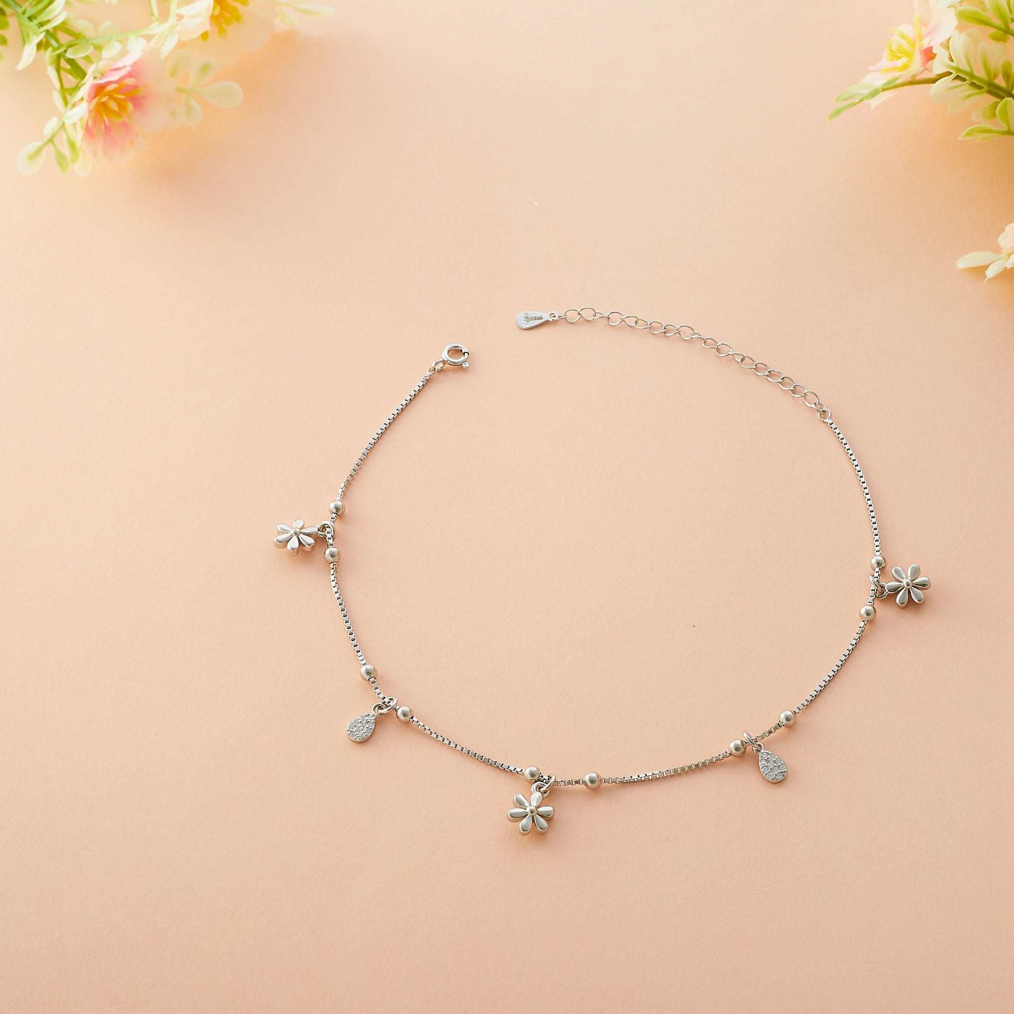 CZ Flower Motif Charm Anklet Ishna