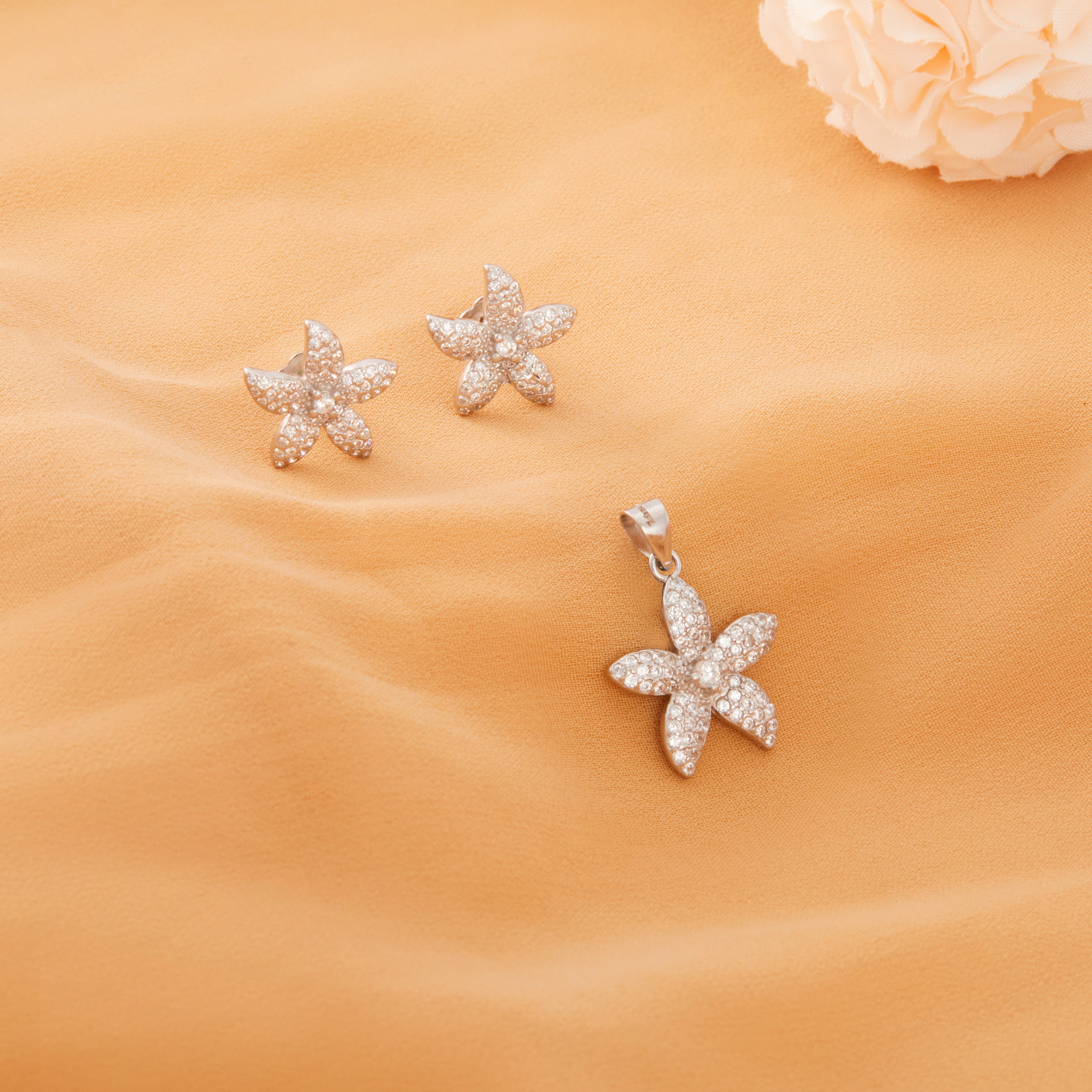 CZ Flower Motif Pendant & Earrings Ishna