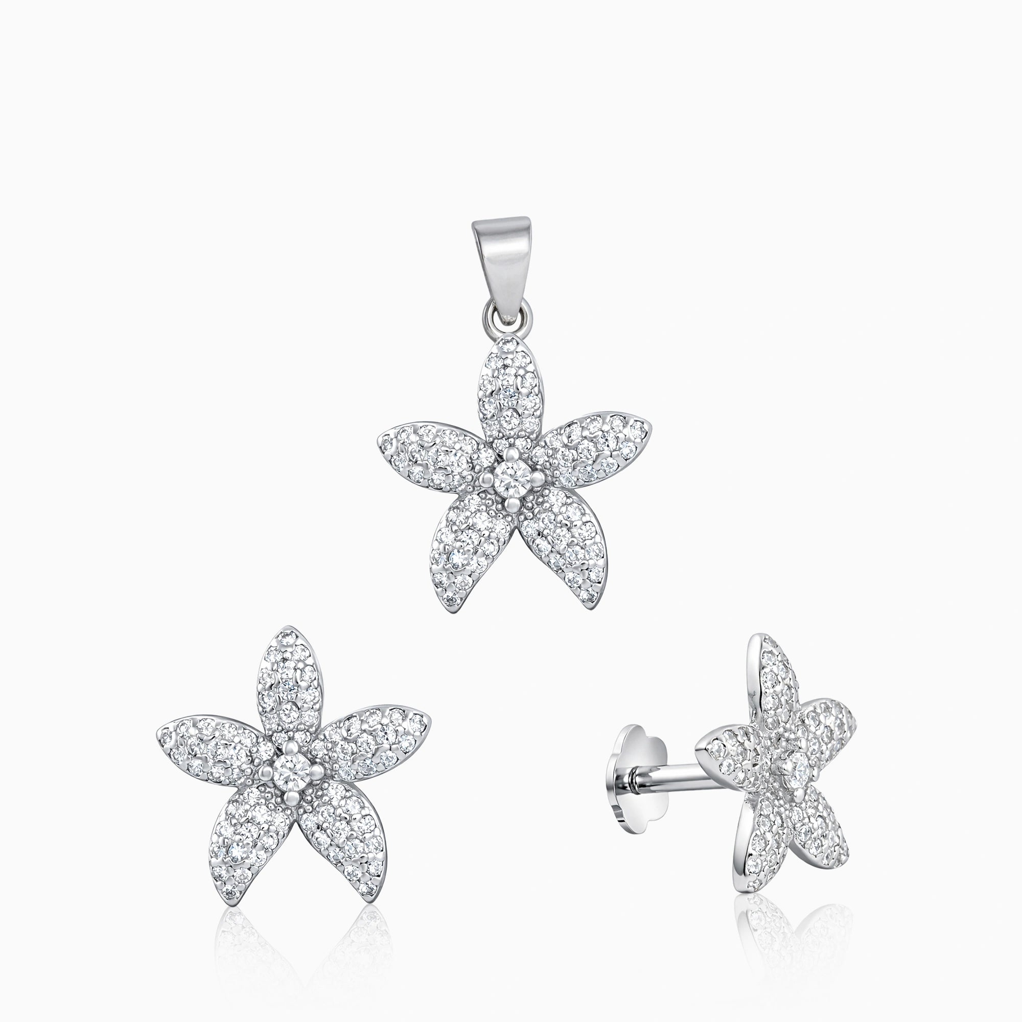 CZ Flower Motif Pendant & Stud Earrings Ishna