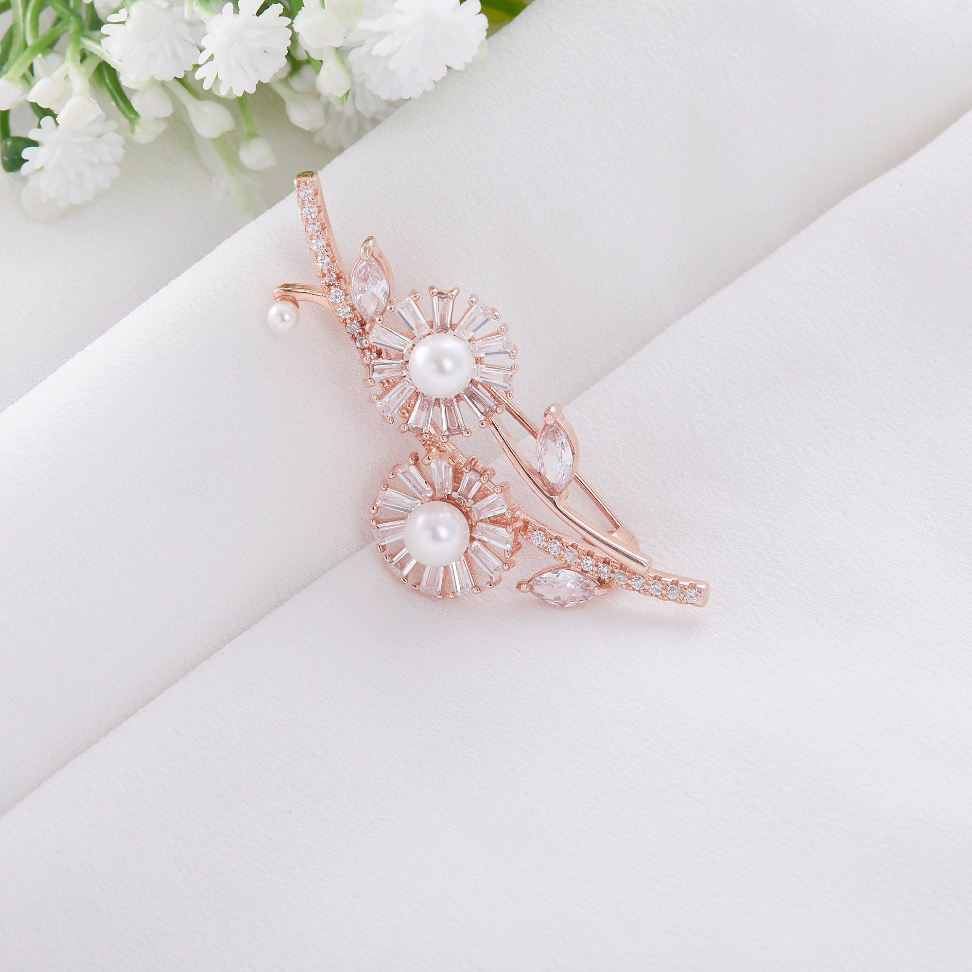 CZ Flower Pearl Brooch Ishna
