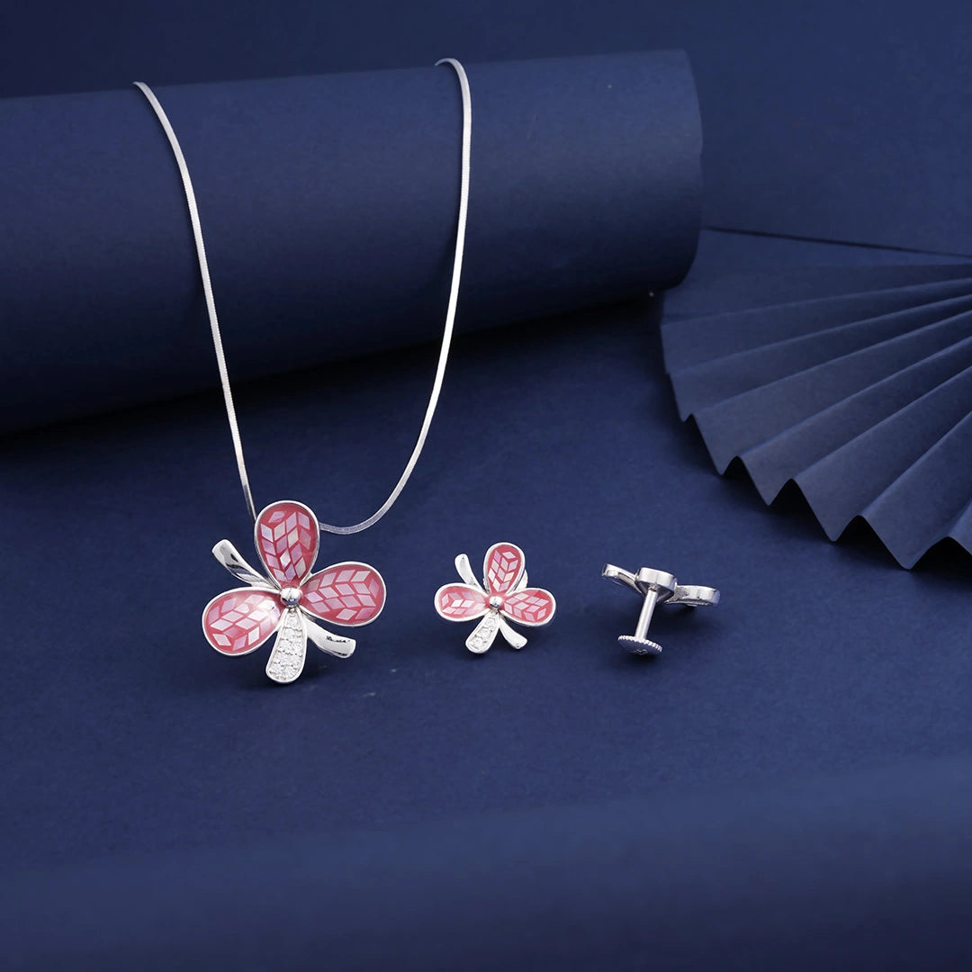 CZ Flower Pendant Chain & Earrings in Sterling Silver Ishna