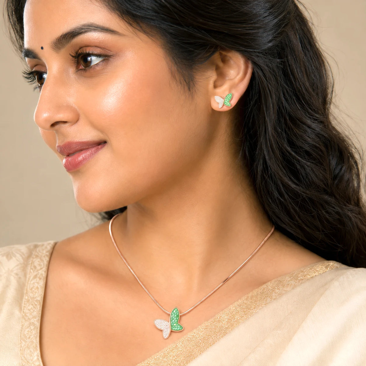 CZ Green Butterfly 925 silver Pendant Chain Set 