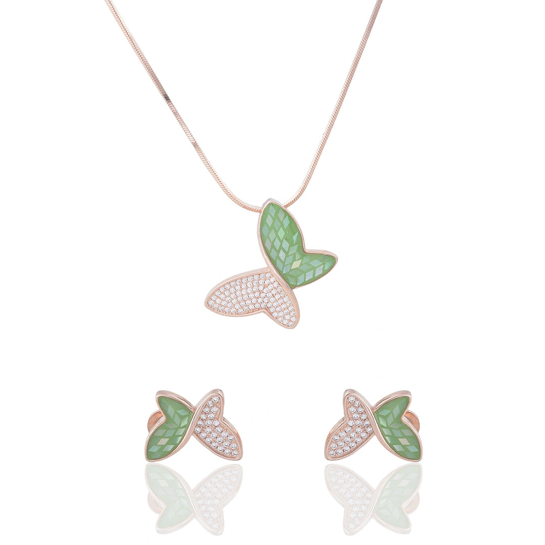 CZ Green Butterfly Pendant Chain Set Ishna