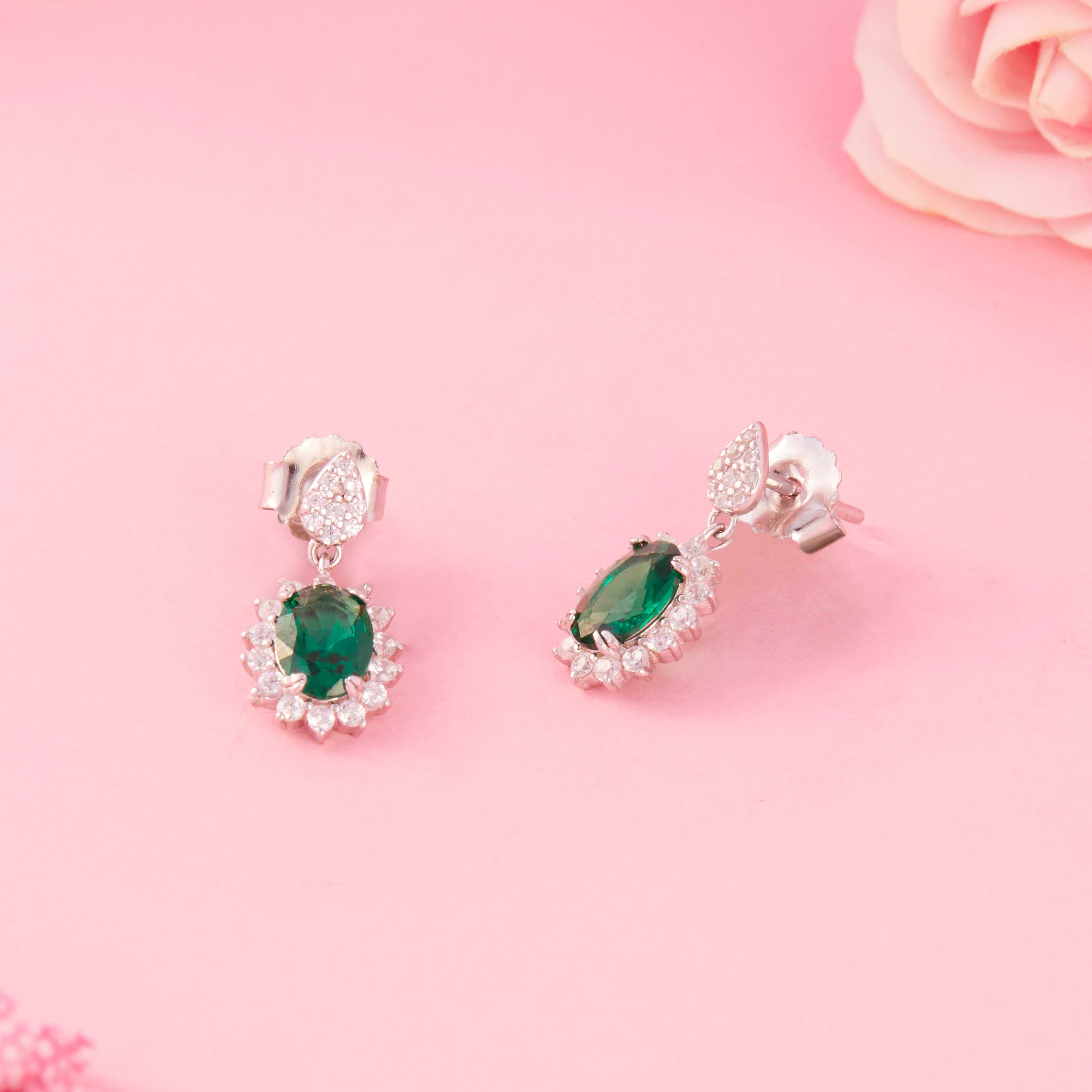 CZ Green Halo Drop Earrings Ishna