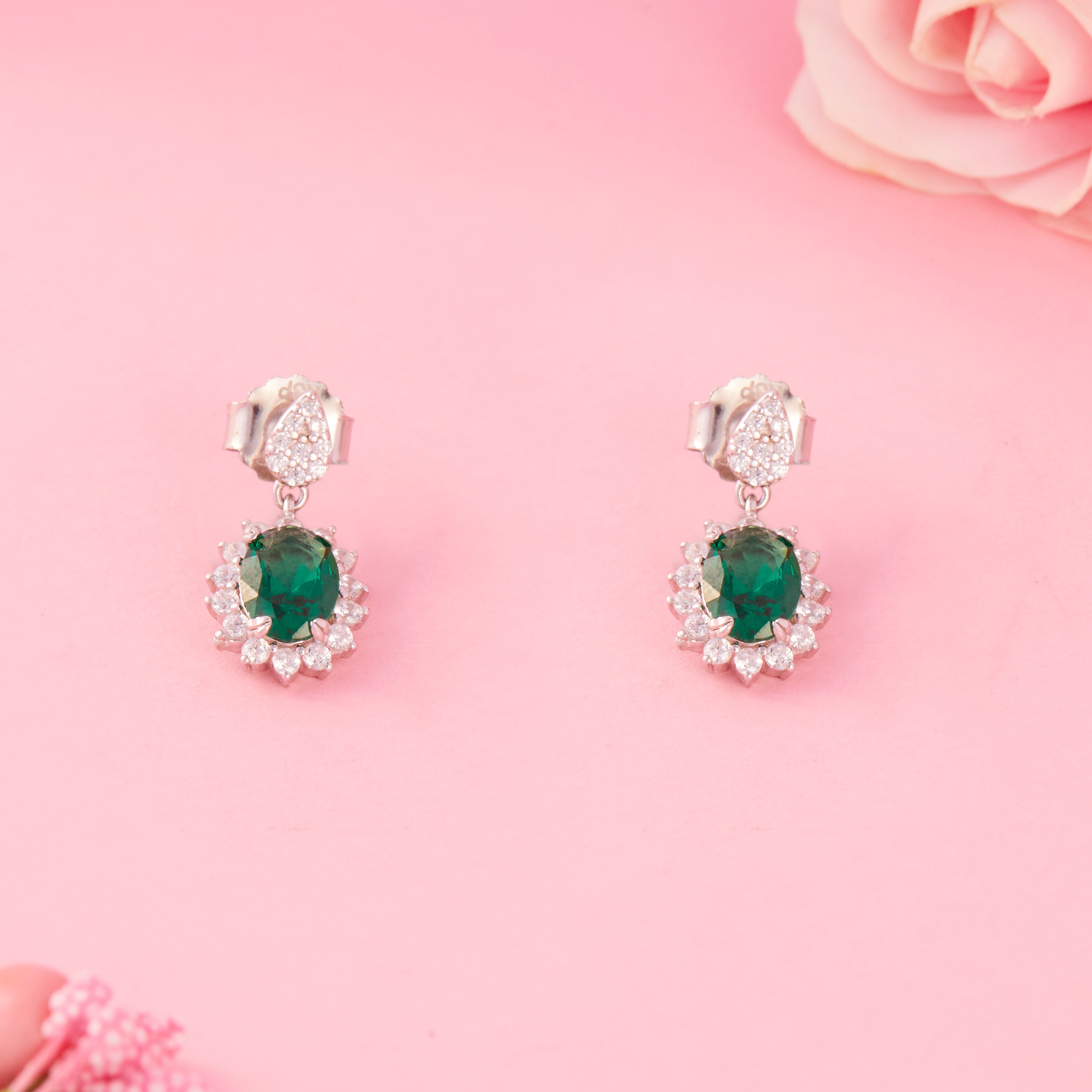 CZ Green Stone Halo Drop Stud Ishna