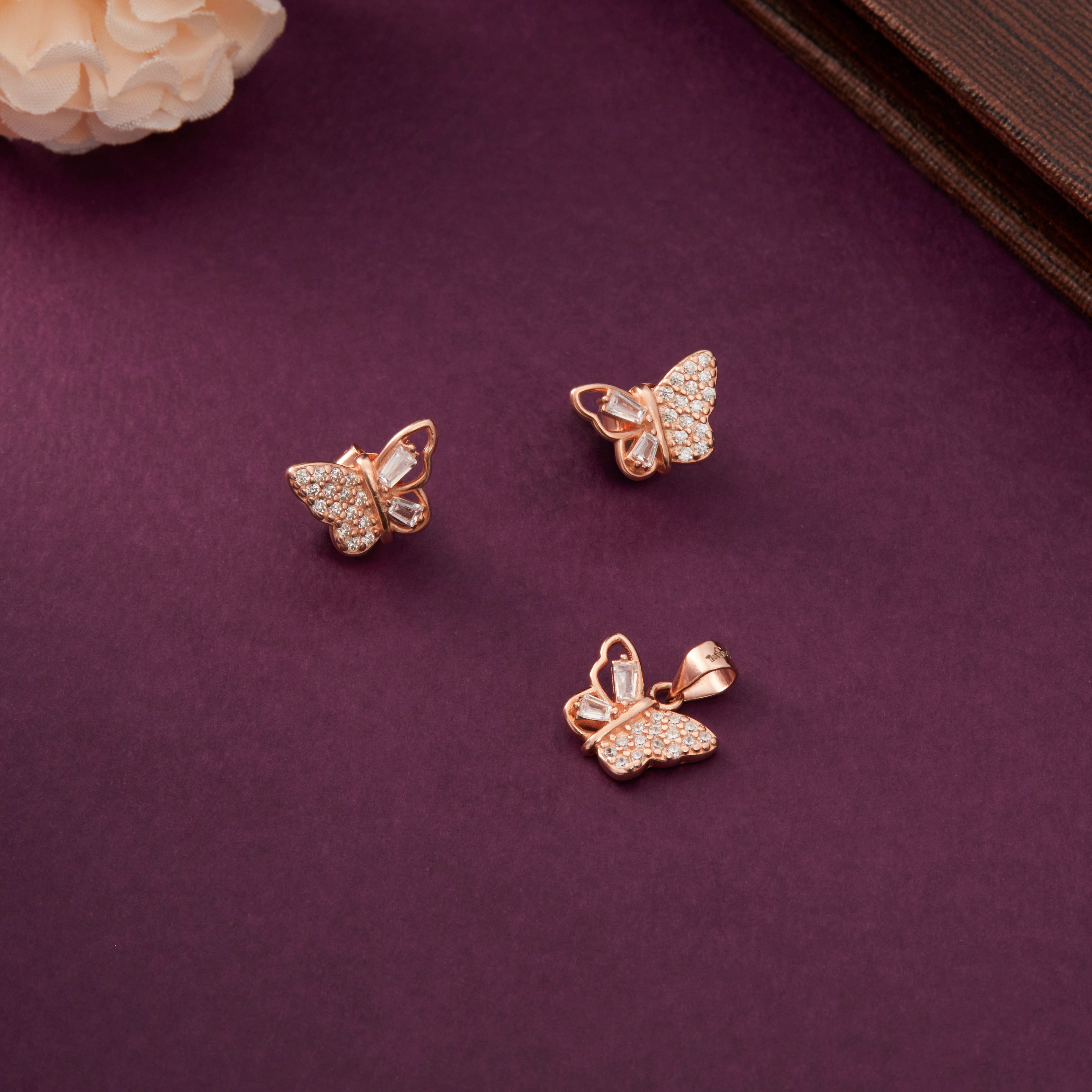 CZ Halo Butterfly Motif Pendant & Stud Earrings Ishna