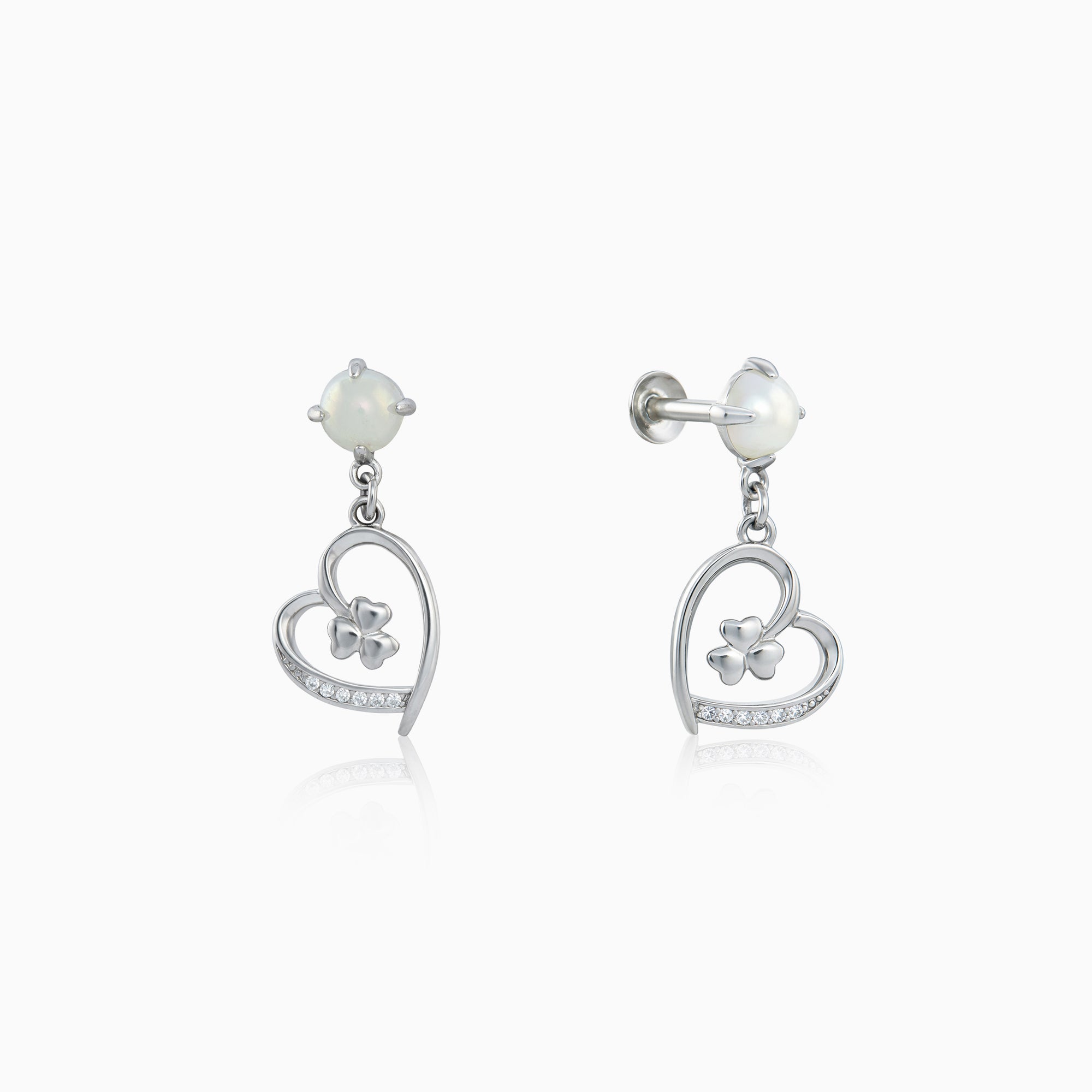 CZ Heart Clover Pearl Drop Stud Earring Ishna
