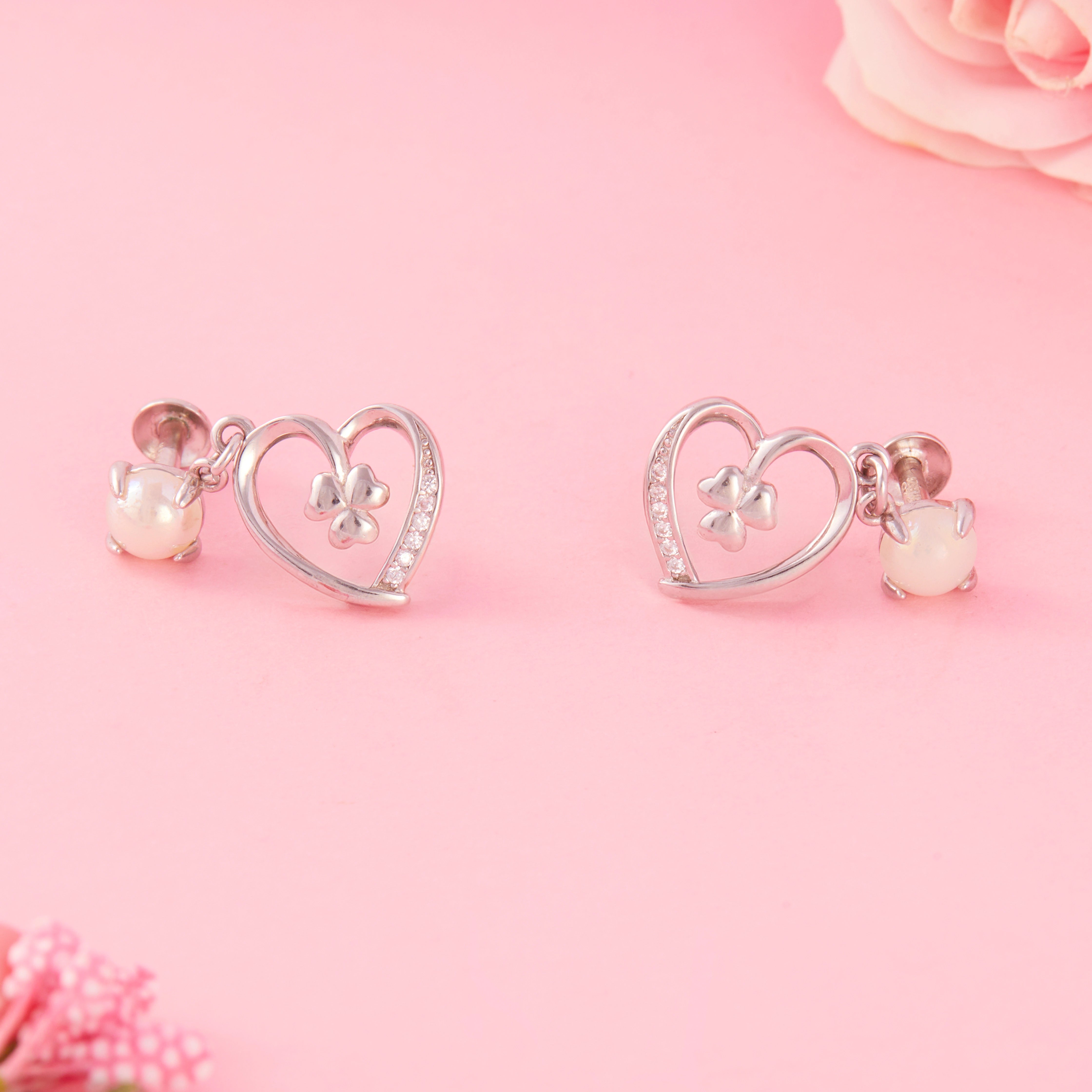 CZ Heart Clover Pearl Drop Stud Ishna