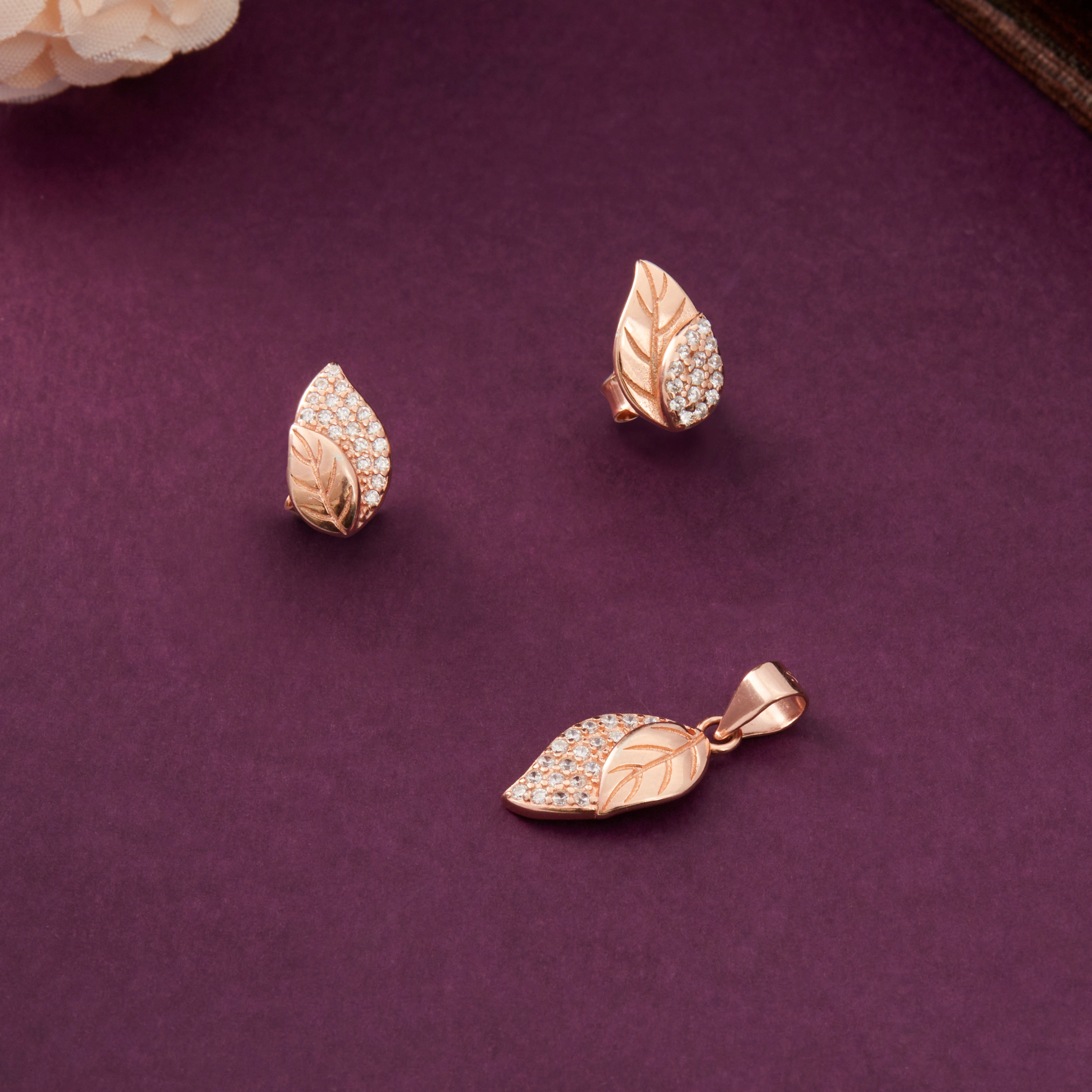CZ Leaf Motif Pendant & Earrings Ishna