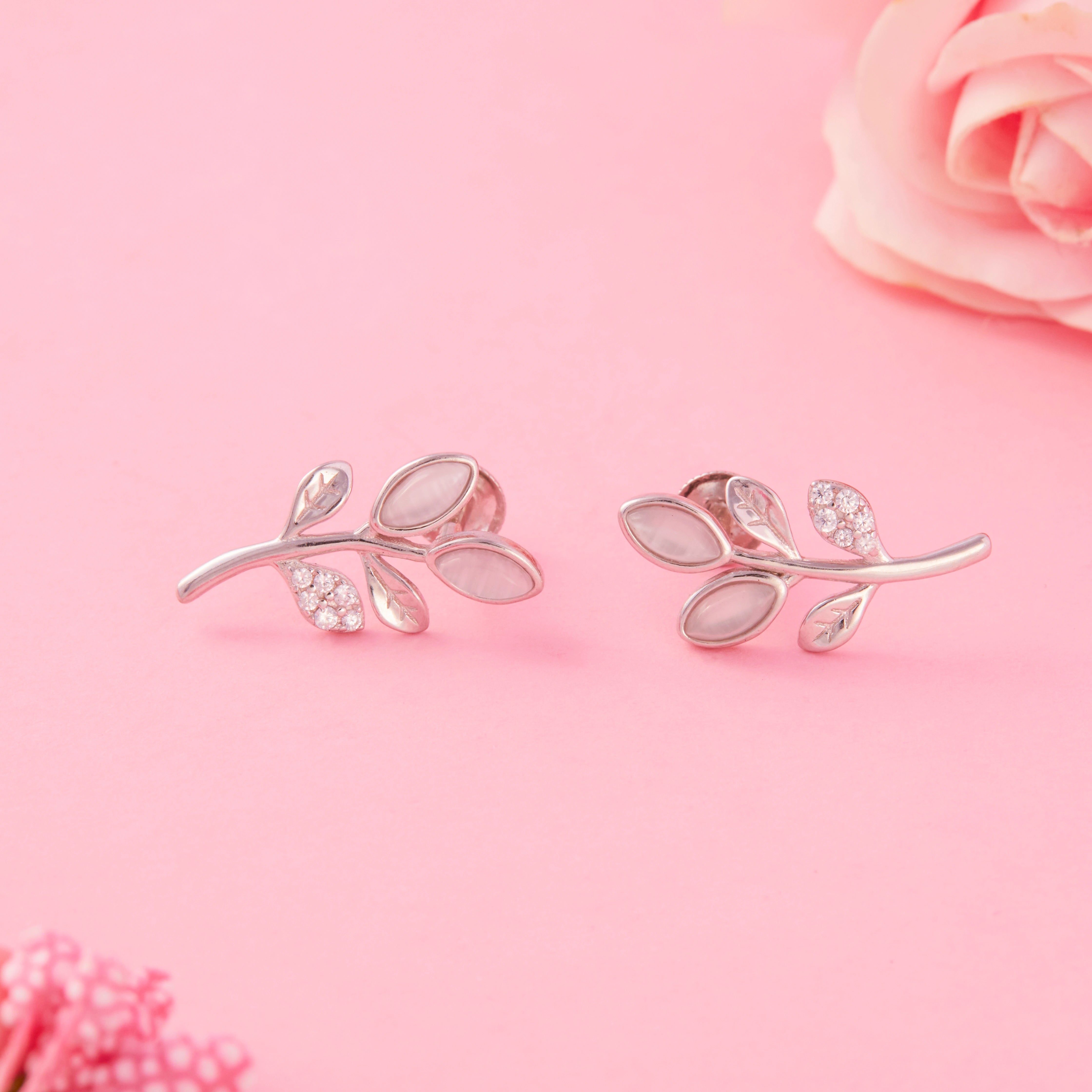 CZ Leaf Motif Stud Earrings
