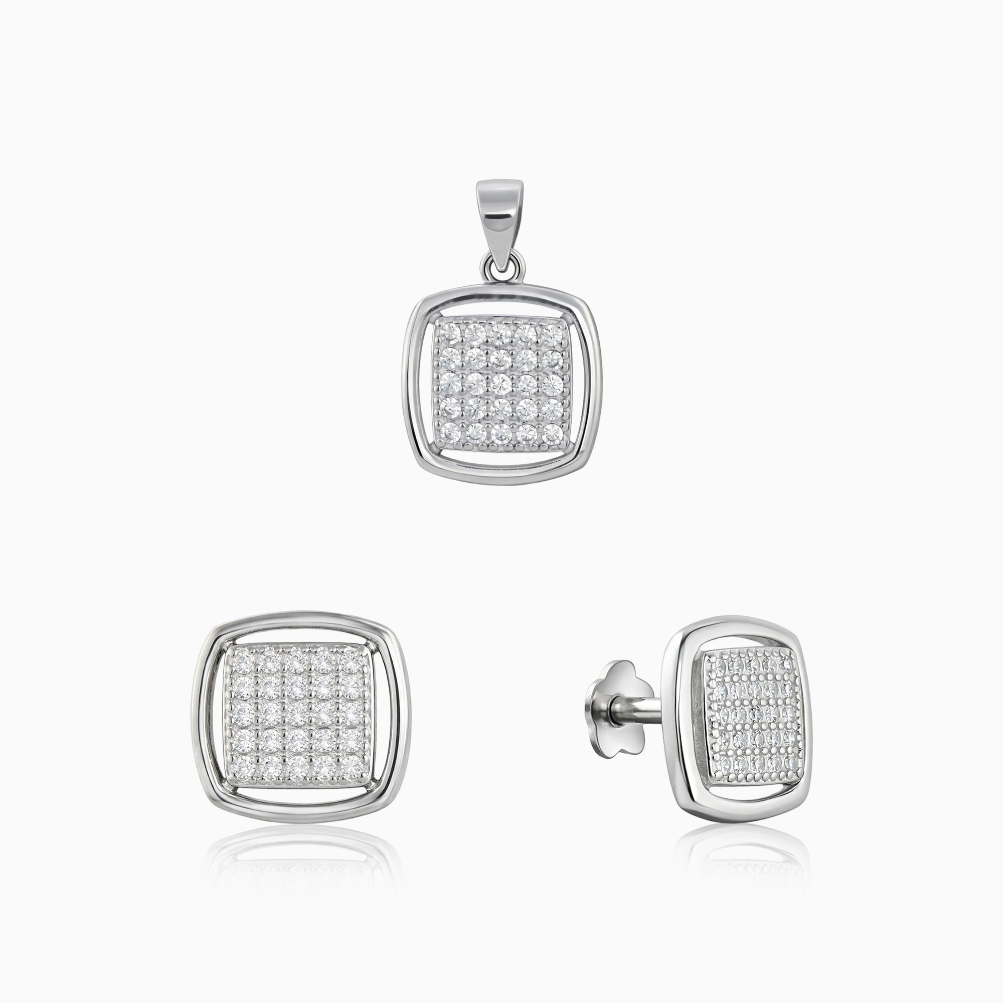 CZ Pave Square Pendant & Stud Earrings Ishna