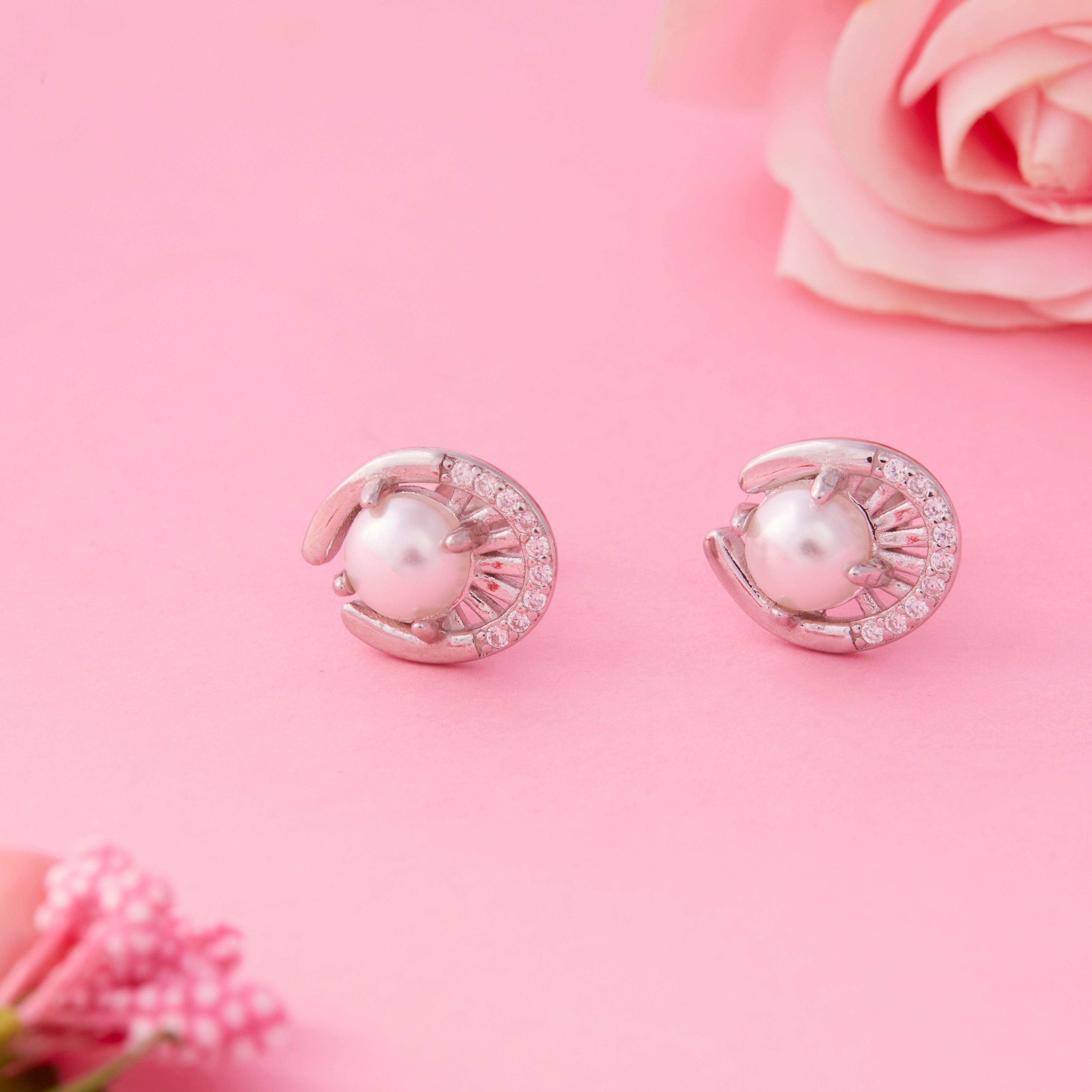 CZ Pearl Earrings in Sterling Silver Ishna