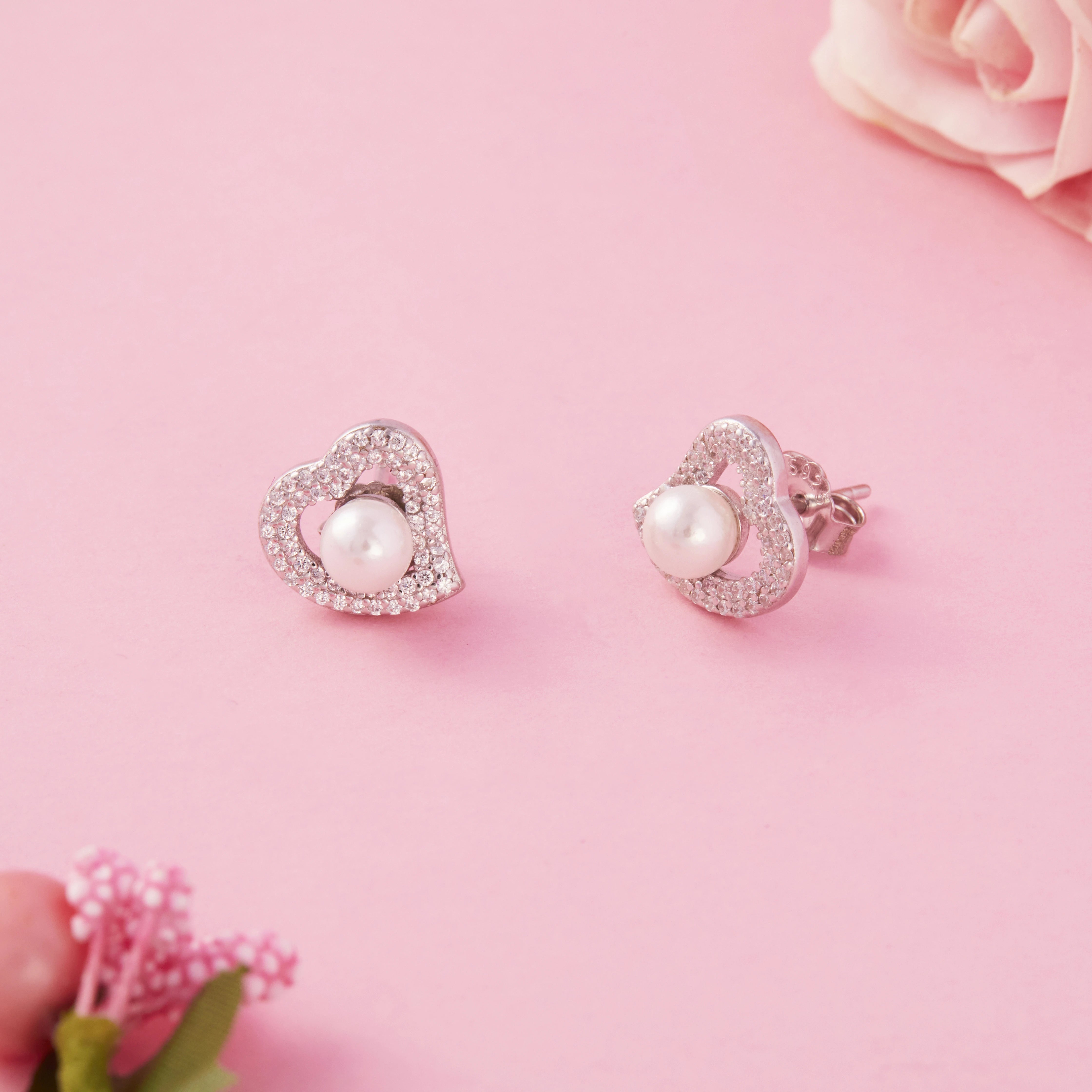 CZ Pearl Heart Halo Earrings Ishna