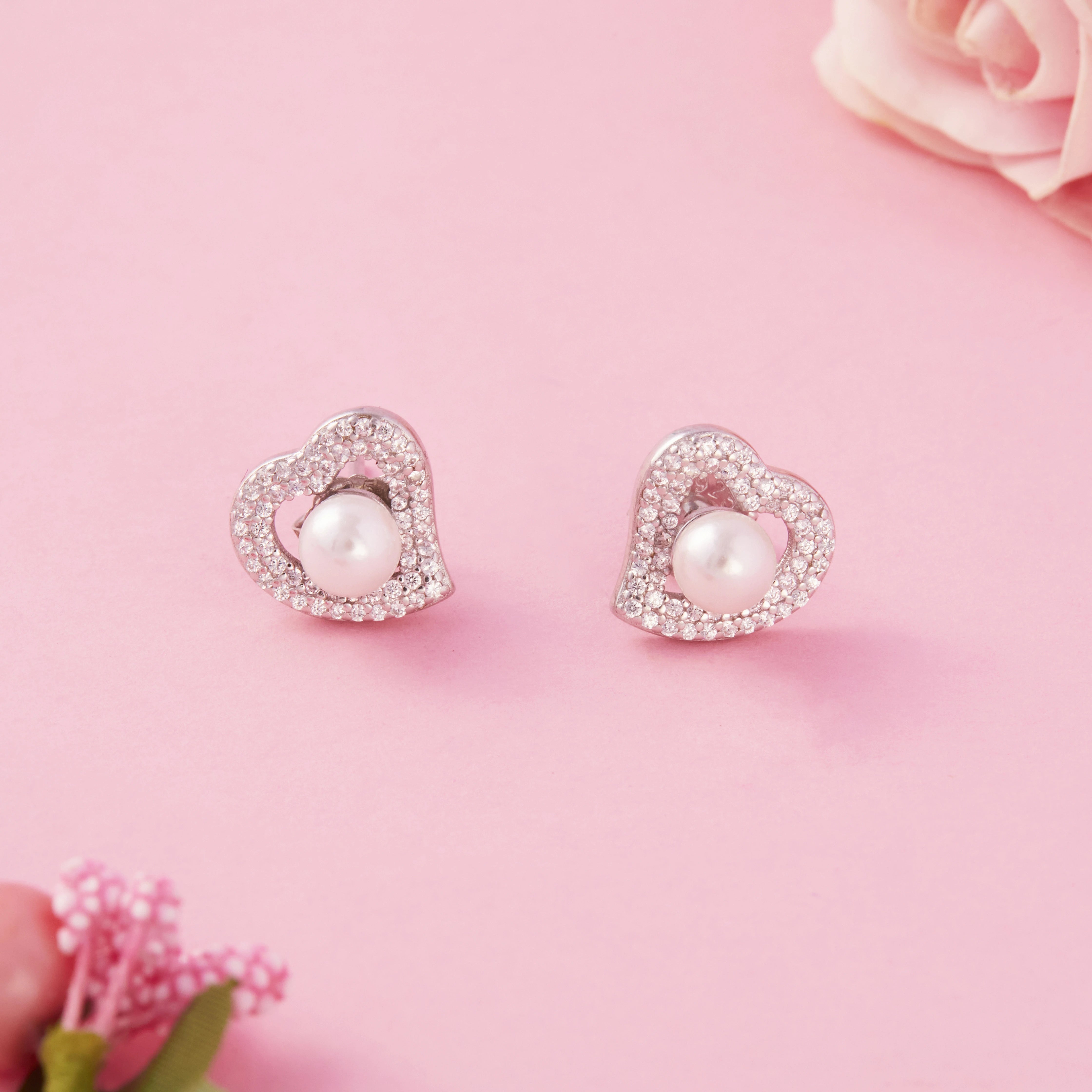 CZ Pearl Heart Halo Motif Stud  Earrings Ishna