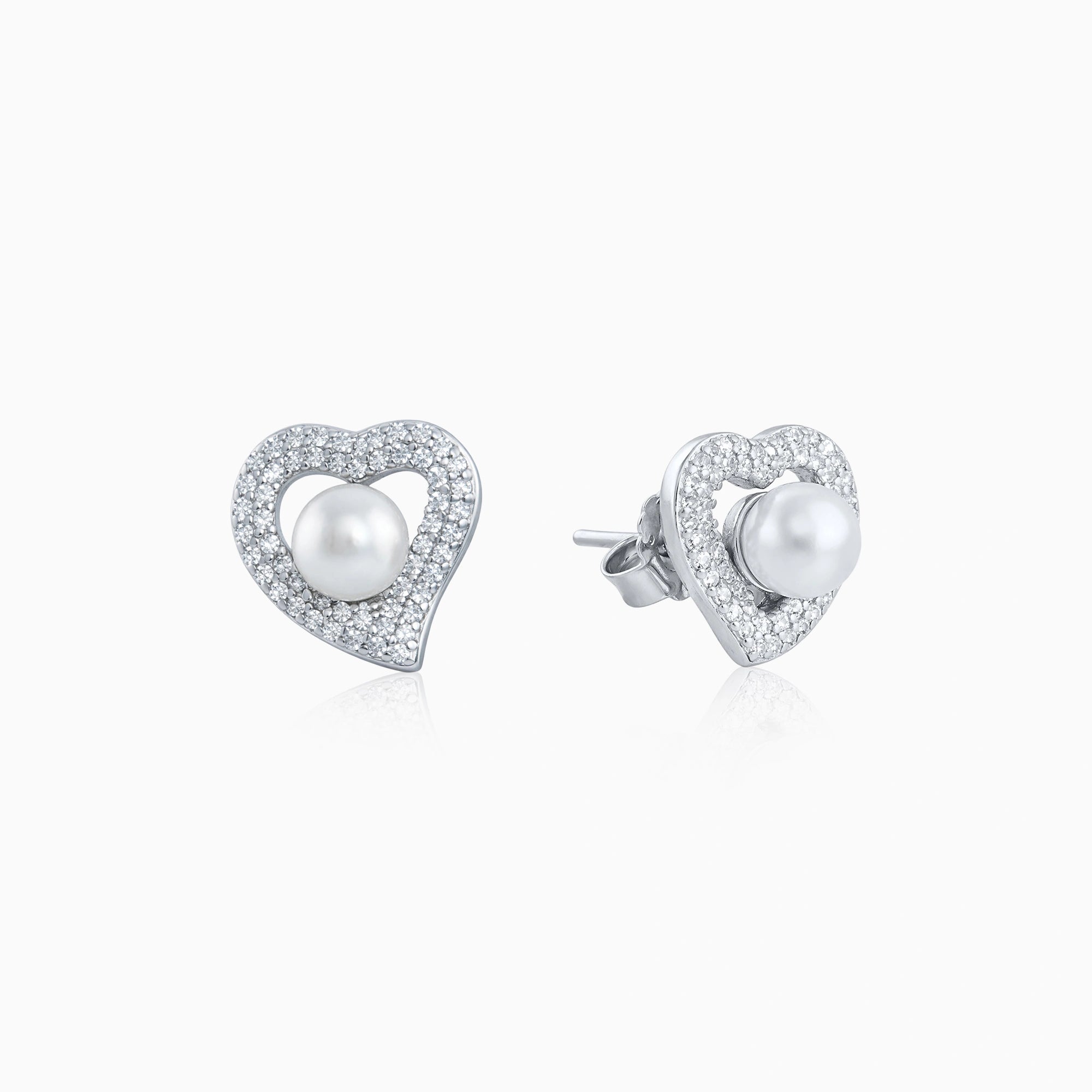 CZ Pearl Heart Halo Stud Earrings Ishna