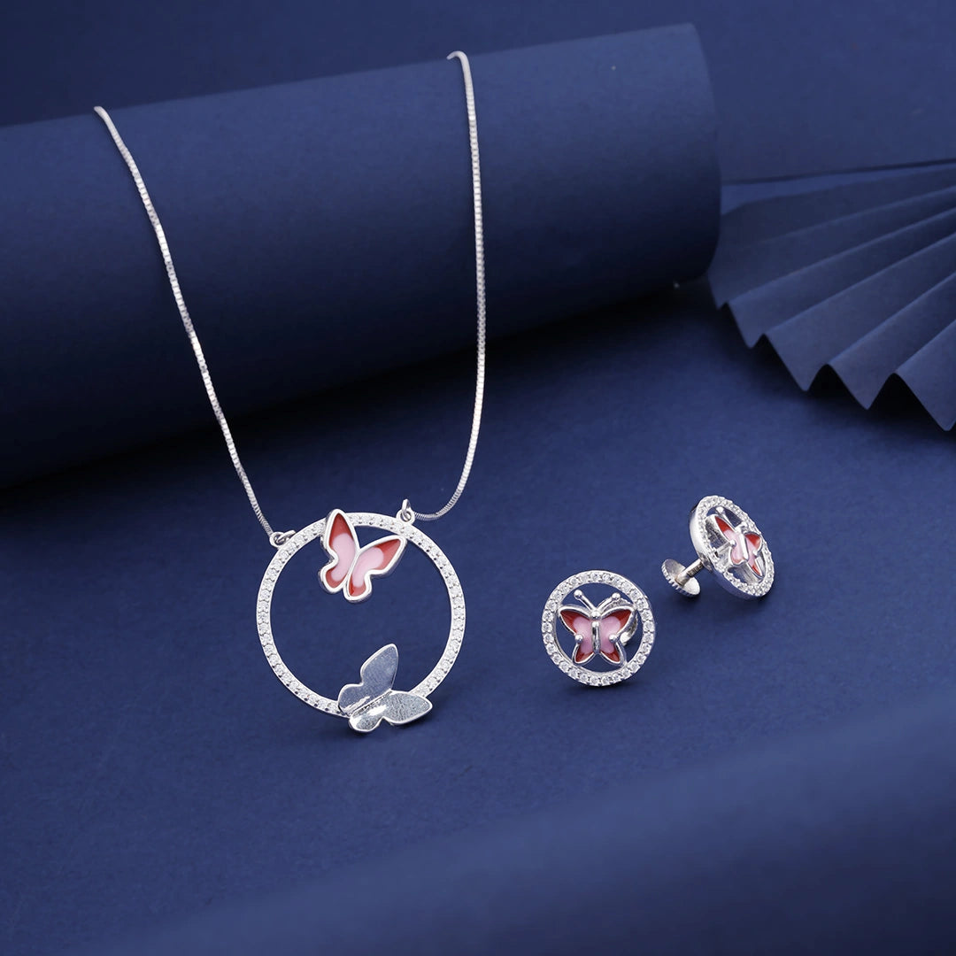 CZ Pink Butterfly Pendant Chain Set in Sterling Silver Ishna