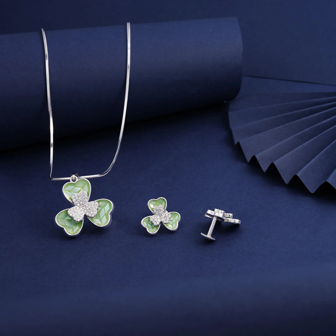 CZ Pink Clover Pendant Chain & Earrings in Silver Ishna