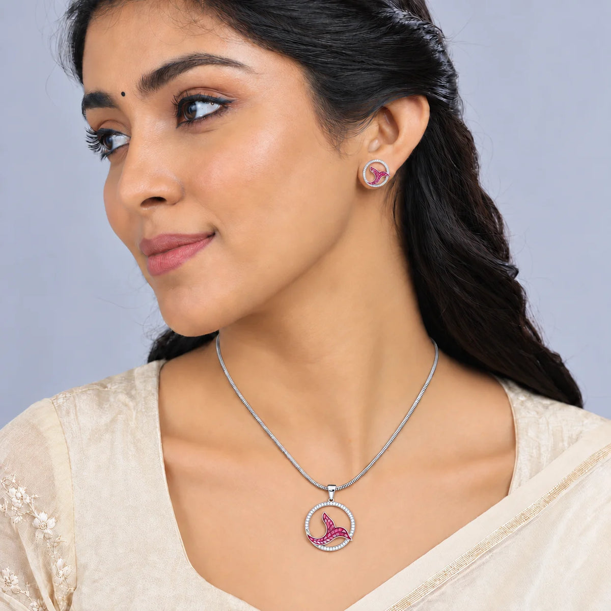 CZ Pink FishTail 925 silver Pendant Chain & Earrings