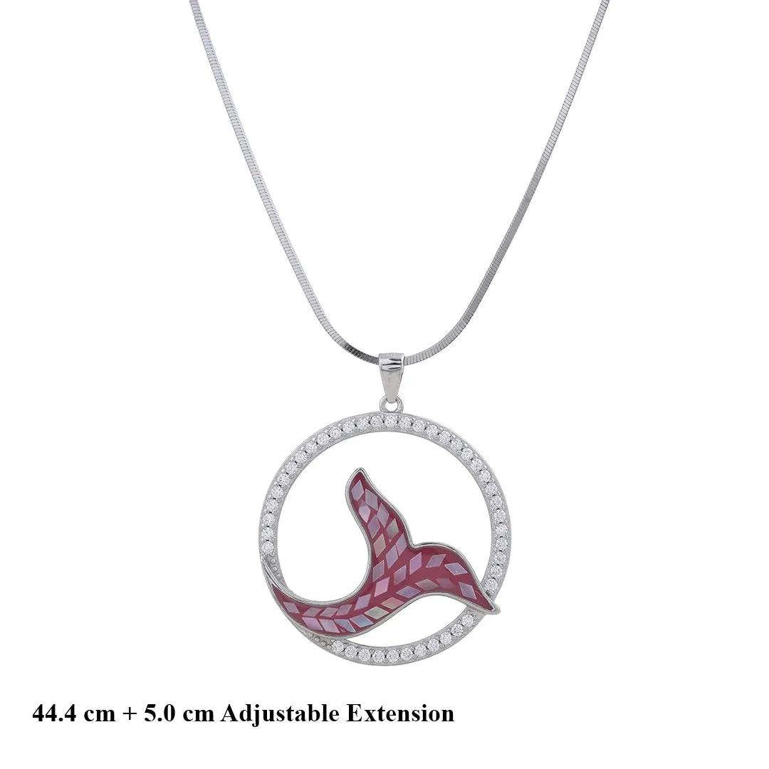 CZ Pink Fish Tail silver Pendant Chain & Earrings
