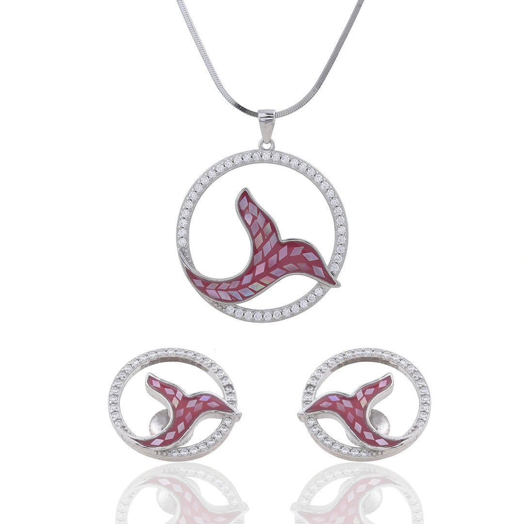CZ Pink Fish Tail Pendant Chain & Earrings