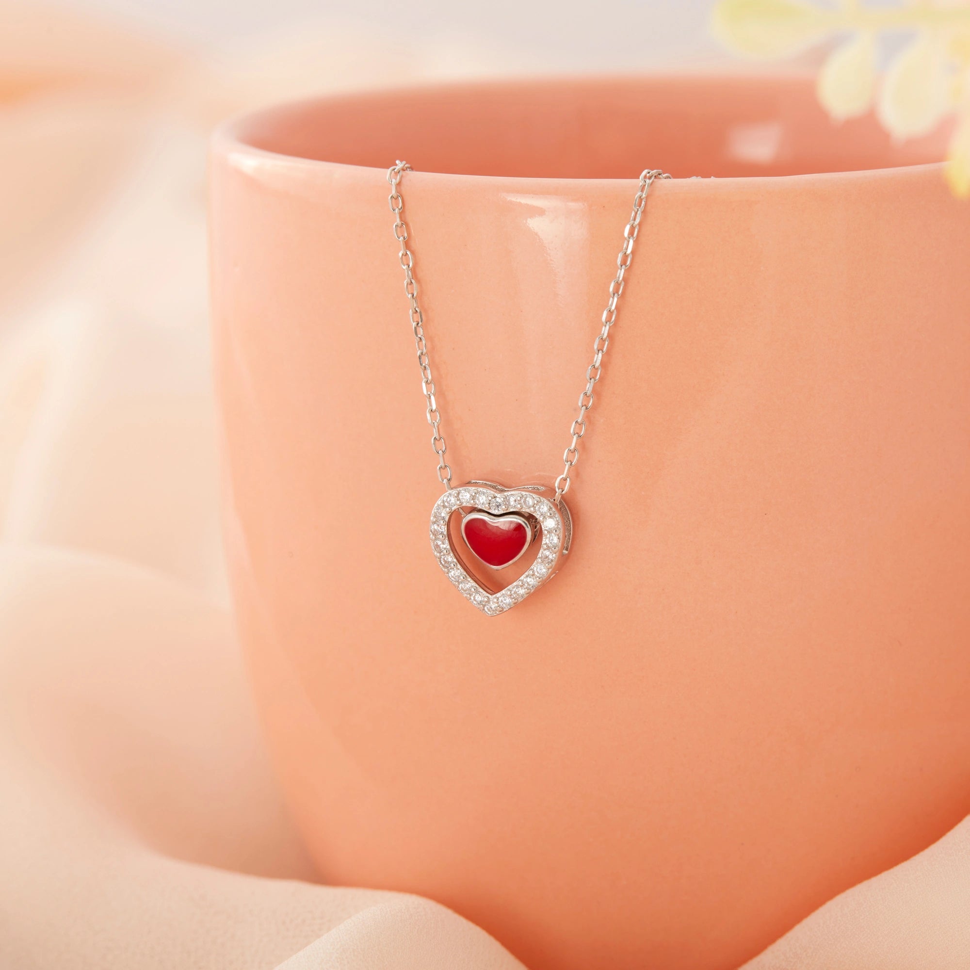 CZ Red Heart Halo Pendant Chain Ishna