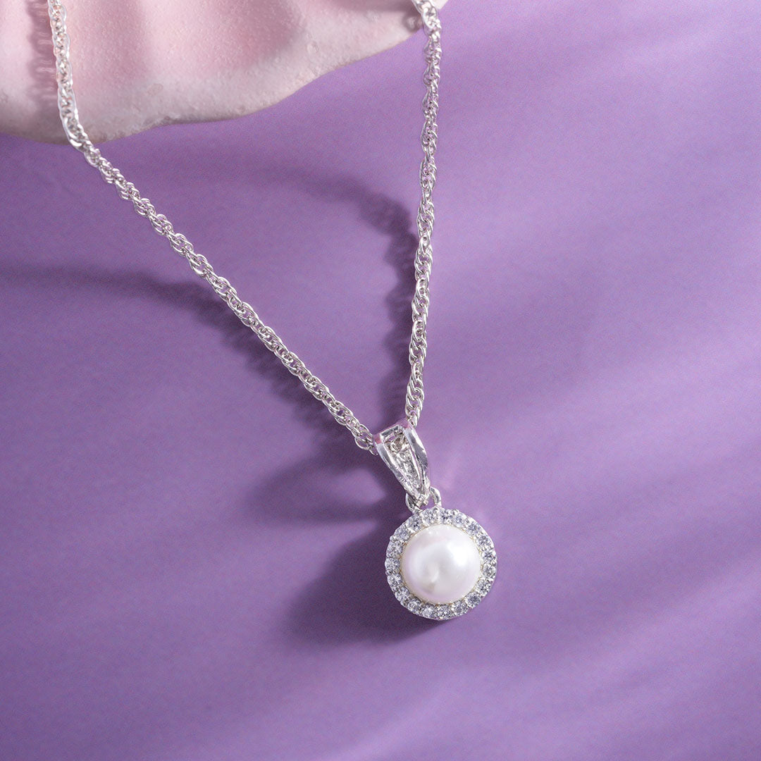 CZ Round Pearl Pendant Chain Ishna