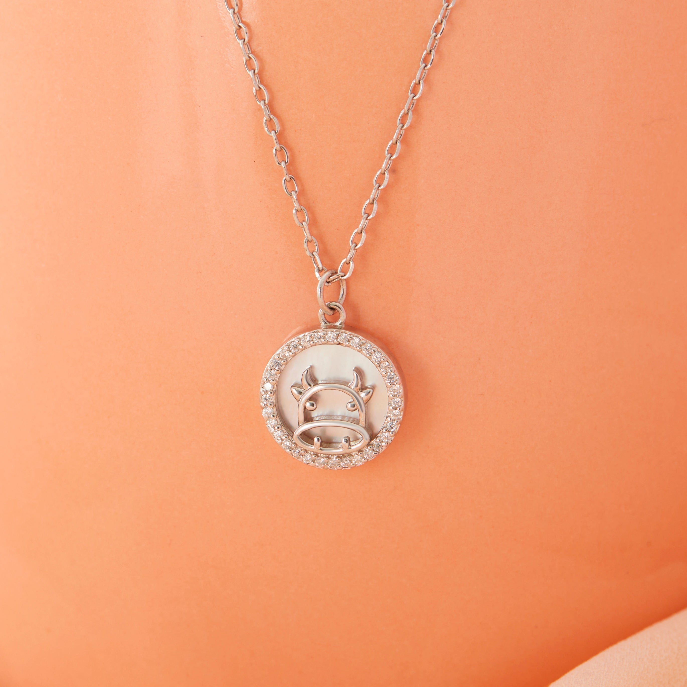 CZ Silver Cow Motif Pendant Chain Ishna  