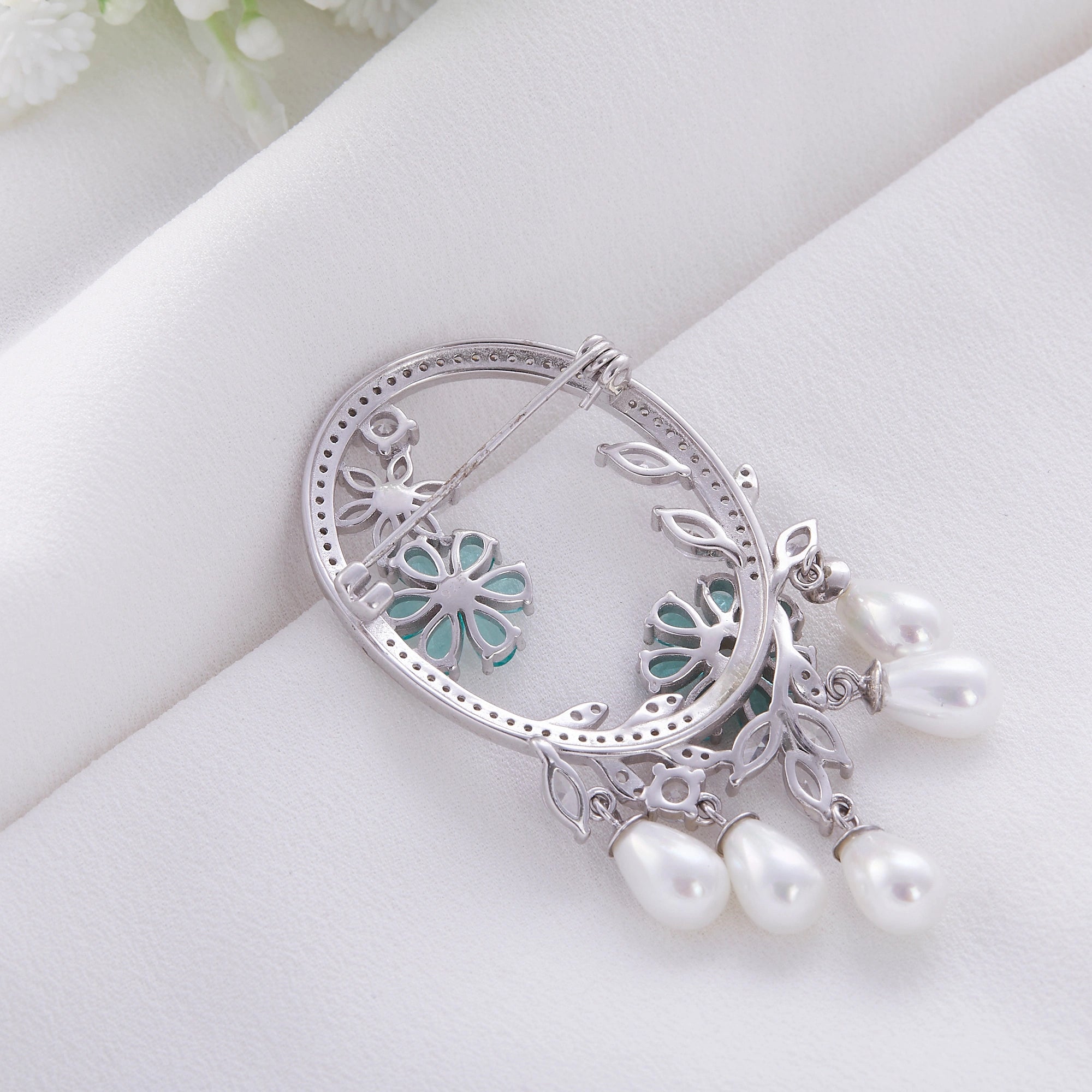 CZ Silver Floral Pearl Brooch Ishna