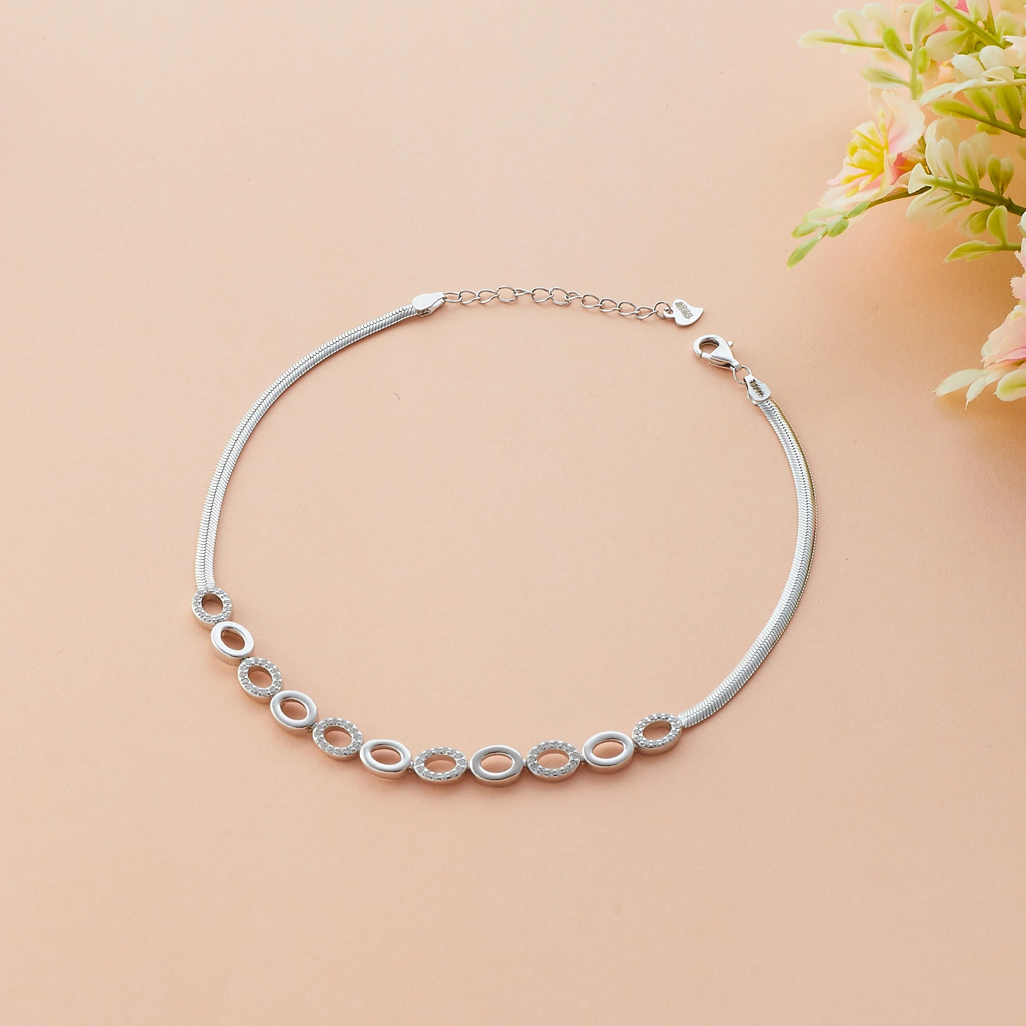 CZ Silver Oval Link Anklet Ishna