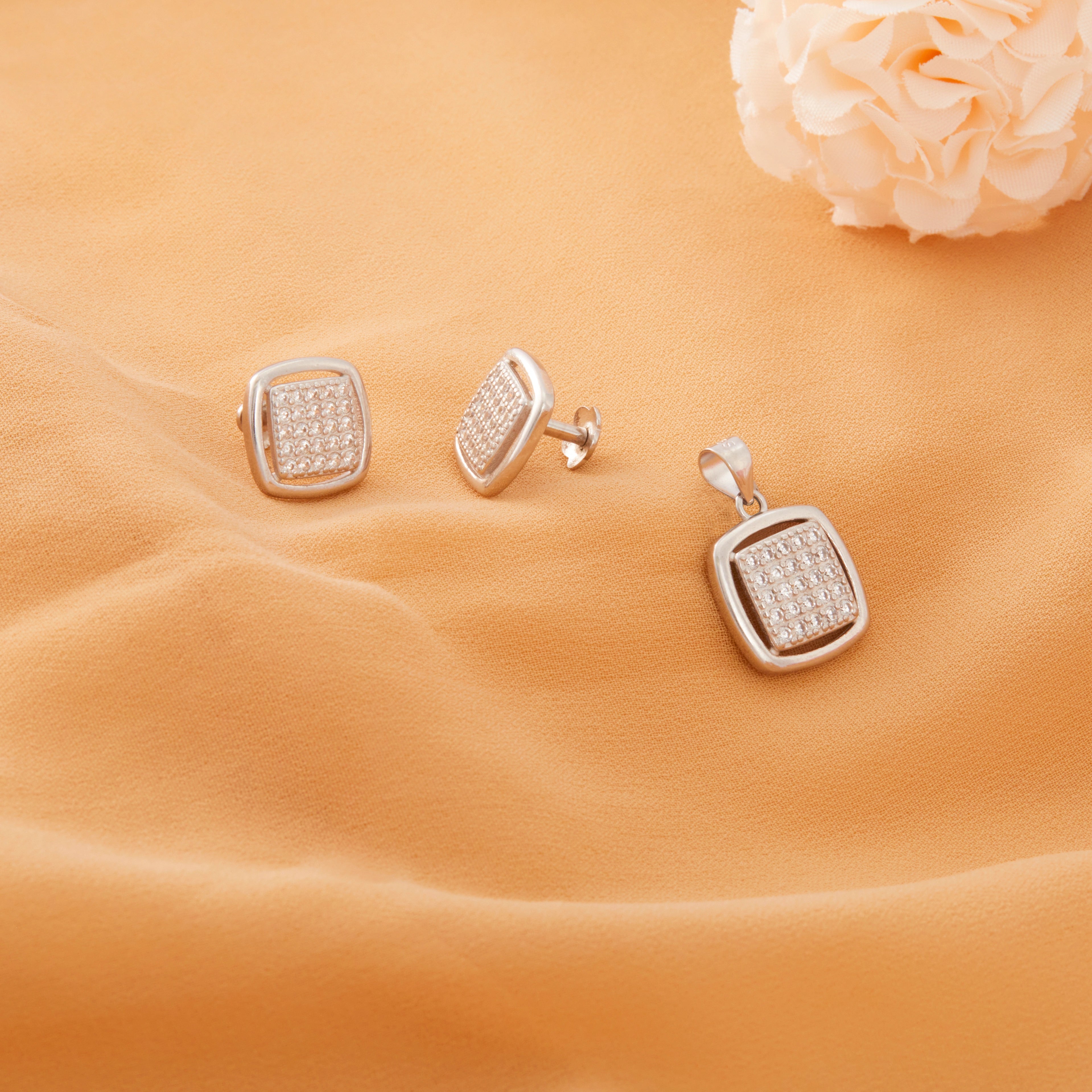 CZ Silver Pave Square Pendant & Stud Earrings Ishna