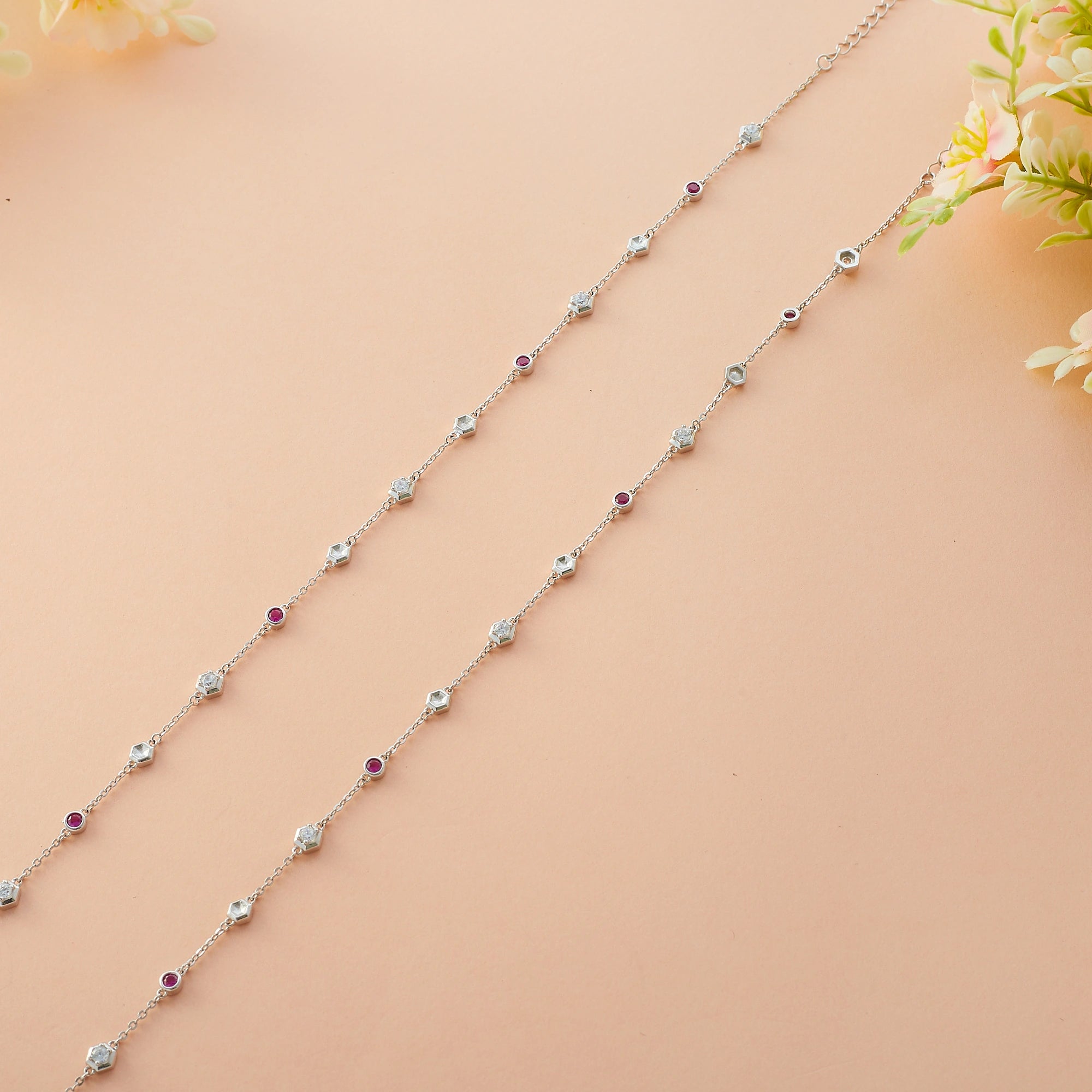 CZ Silver Stone Ruby Anklet Ishna