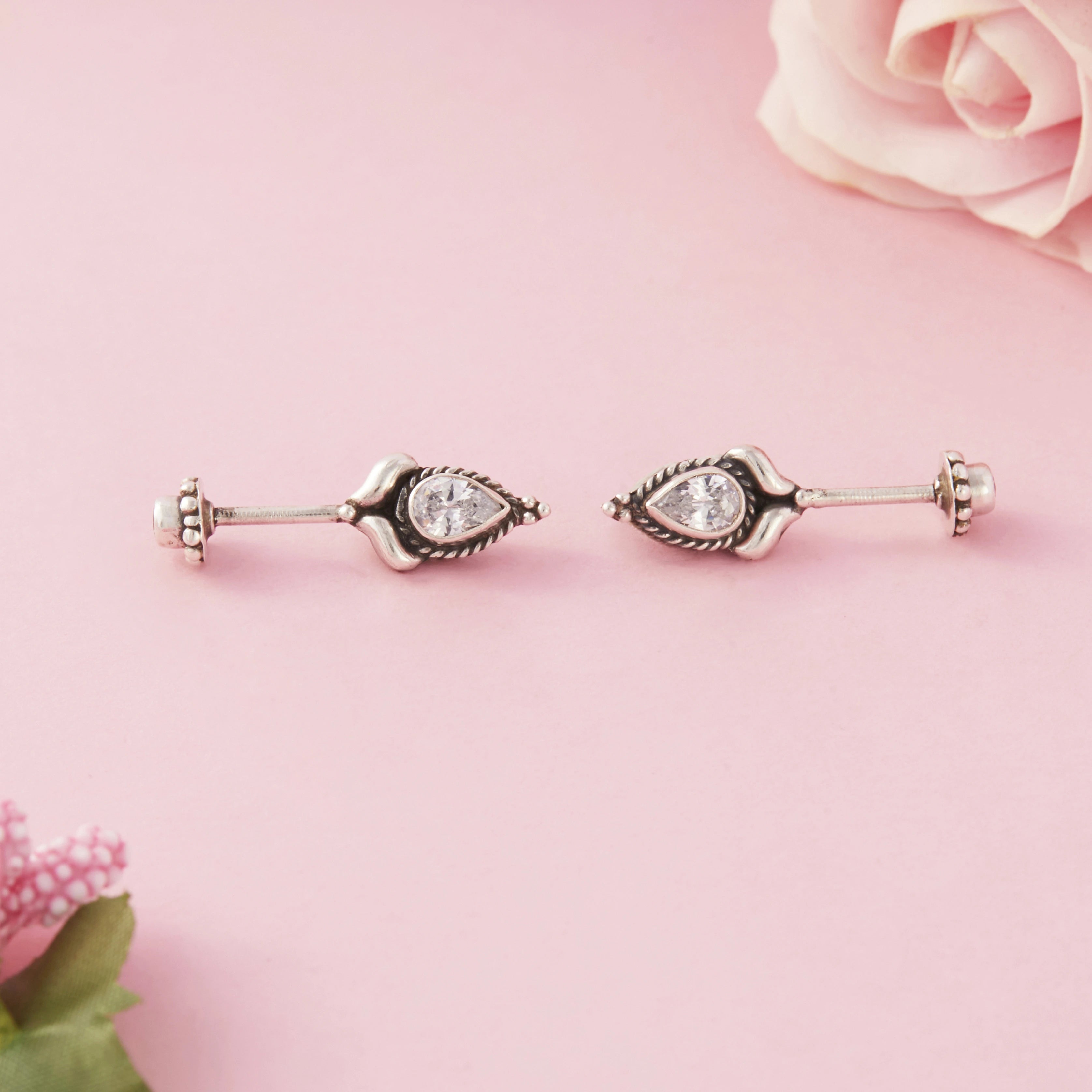 CZ Silver Teardrop Stud Earrings Ishna