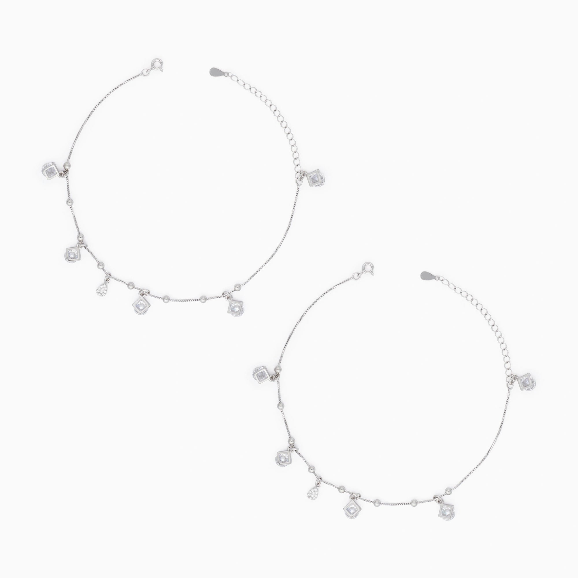 CZ Square Charm Anklet in Sterling Silver Ishna