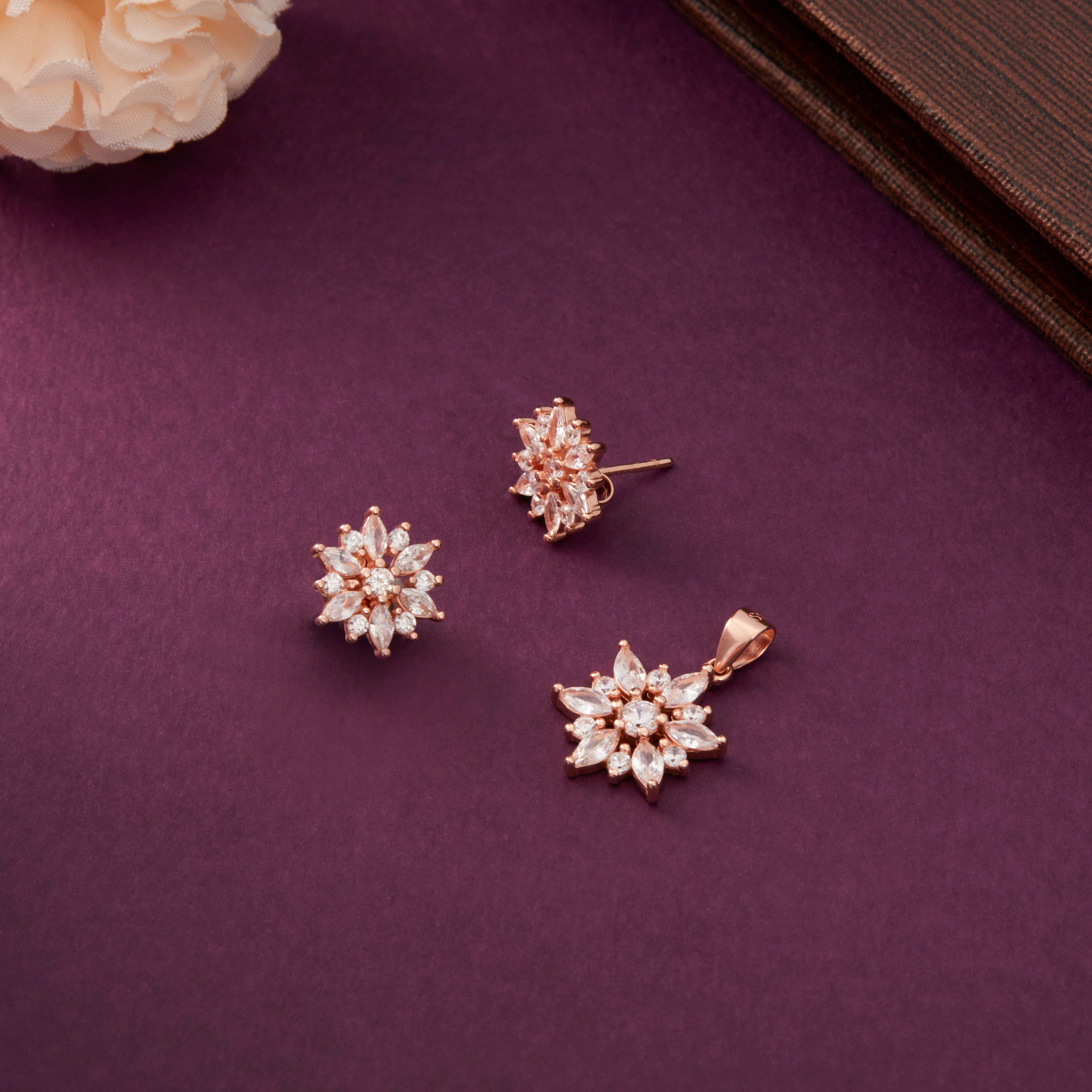 CZ Starburst Pendant & Earring Set in Rose Gold Silver Ishna
