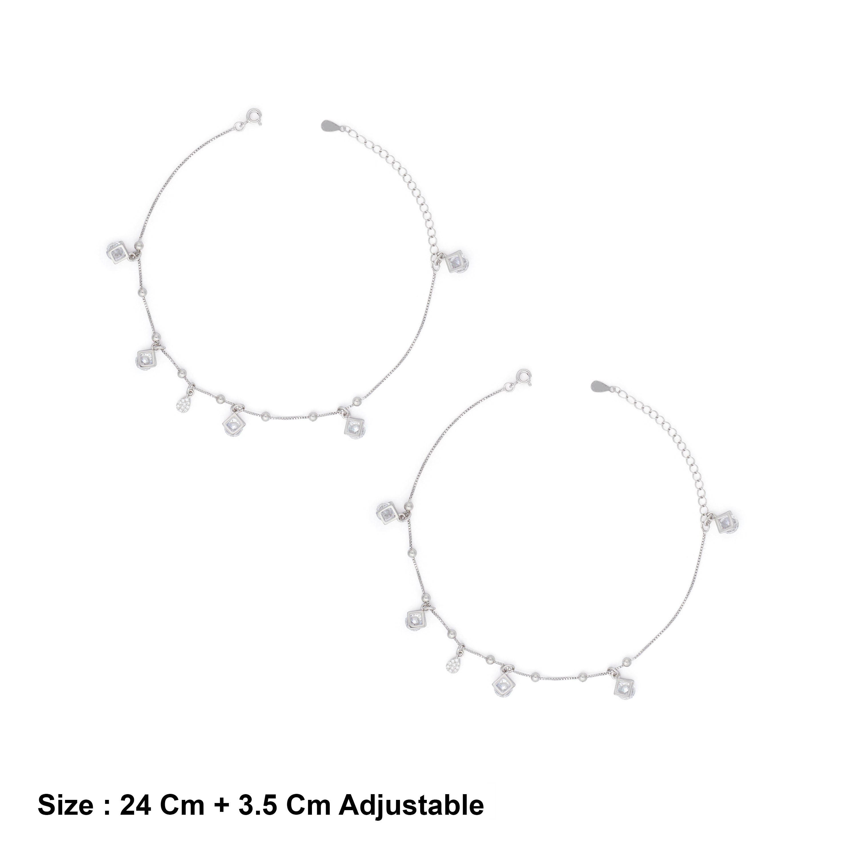 CZ Sterling Silver Square Charm Anklet Ishna