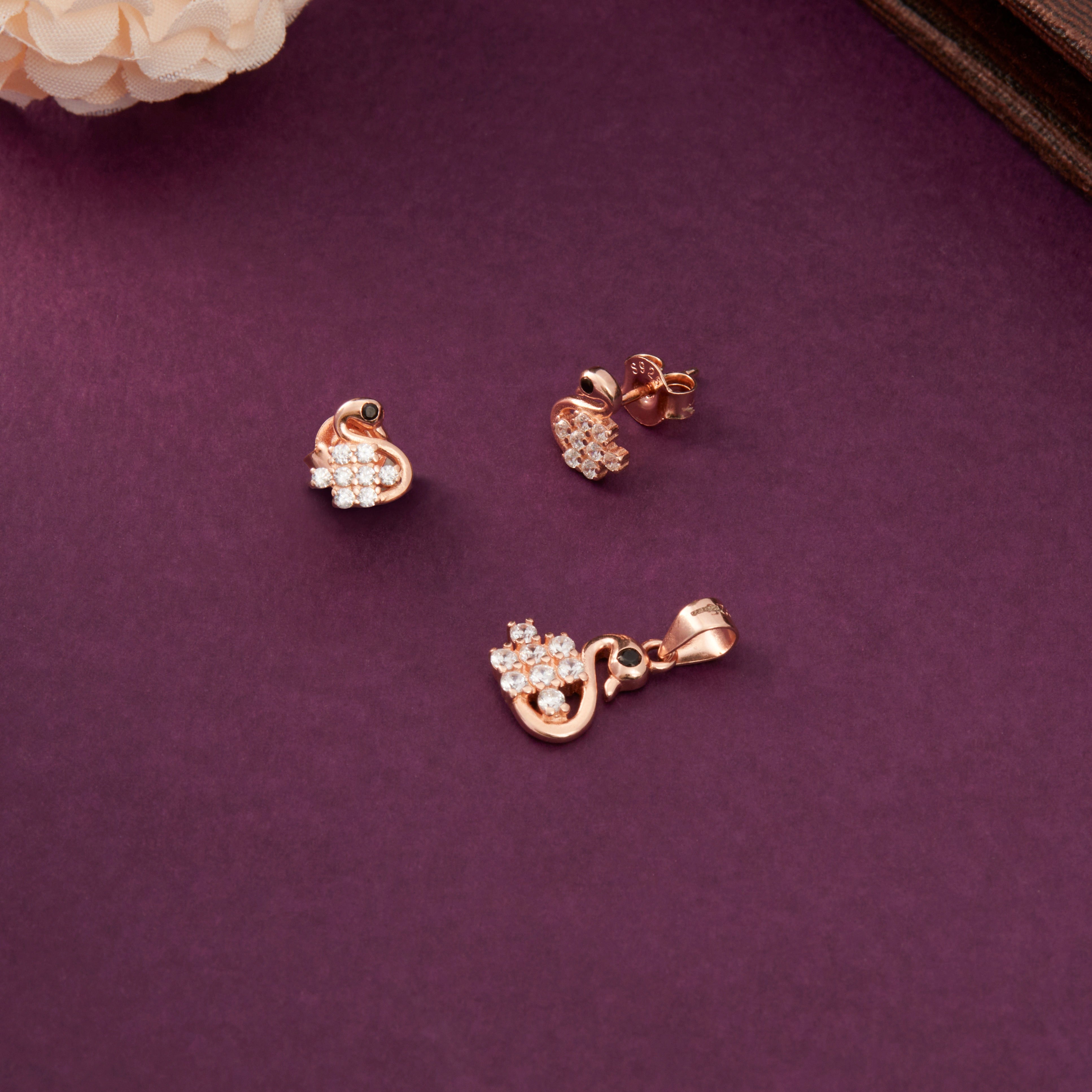 CZ Swan Pendant & Stud Earrings Ishna